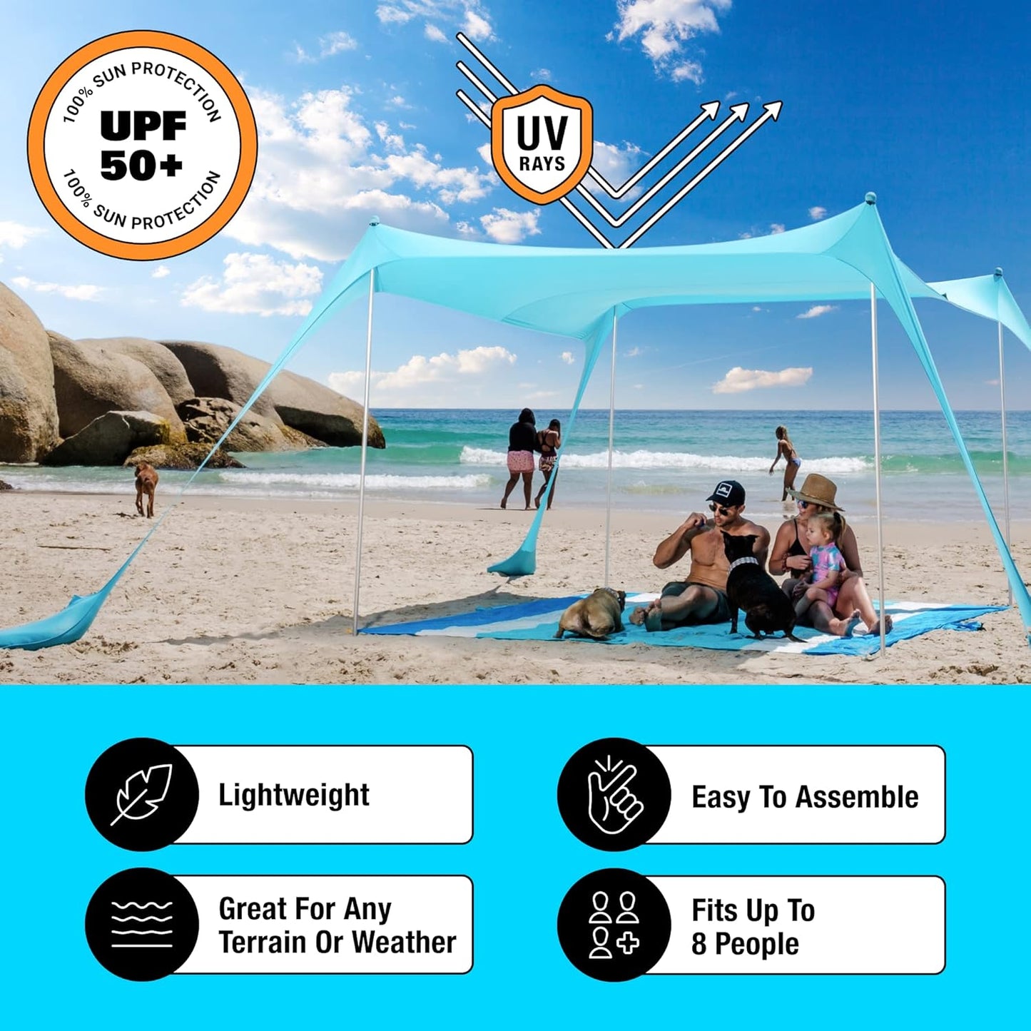 SUN NINJA Beach Tent Shelter with UPF50+ Protection, Includes Sand Shovel, Ground Pegs, Stability Poles, Outdoor Pop Up Shade Canopy for Camping, Fishing, Backyard Fun