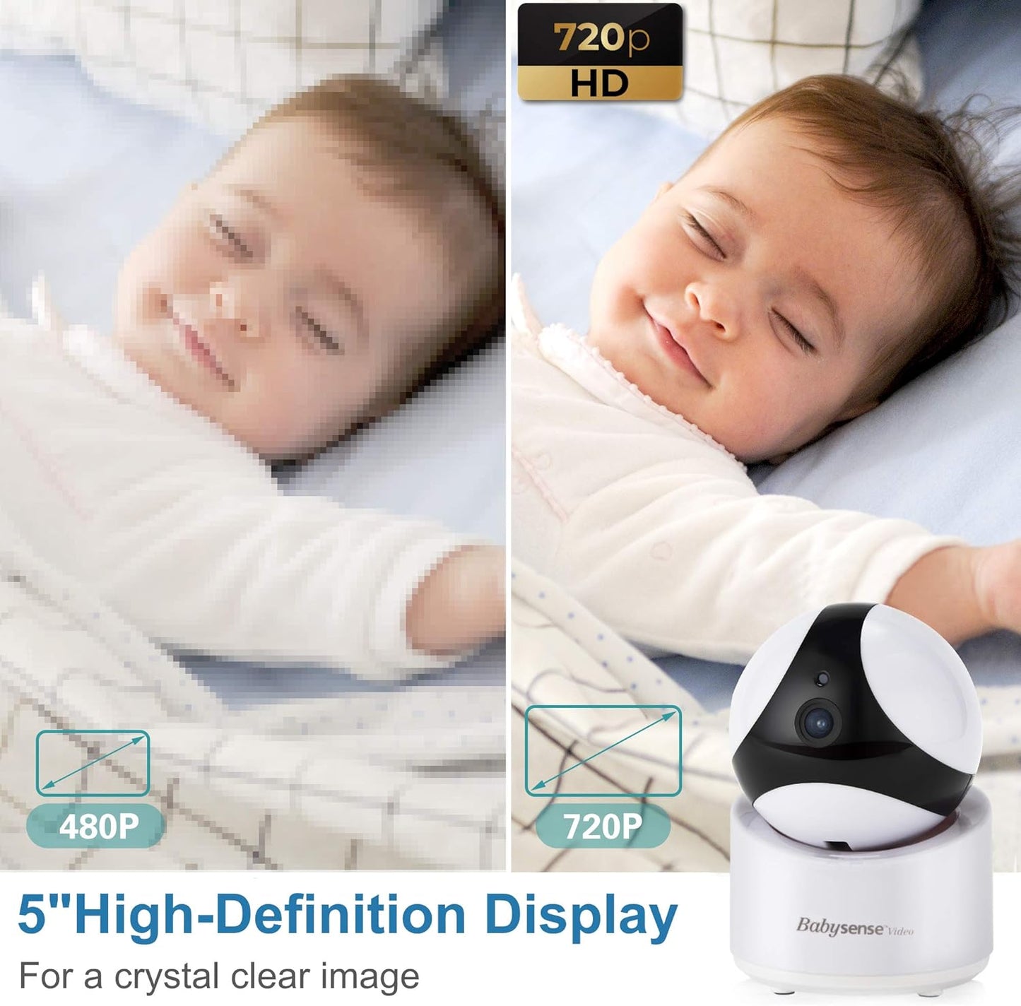 Babysense 5" HD Baby Monitor, Video Baby Monitor with Pan Tilt Zoom Camera and Large 5 Inch Display – Two-Way Talk-Back Audio, Zoom, Long Range, Night Vision, Secure Hack-Free Baby Monitor Camera