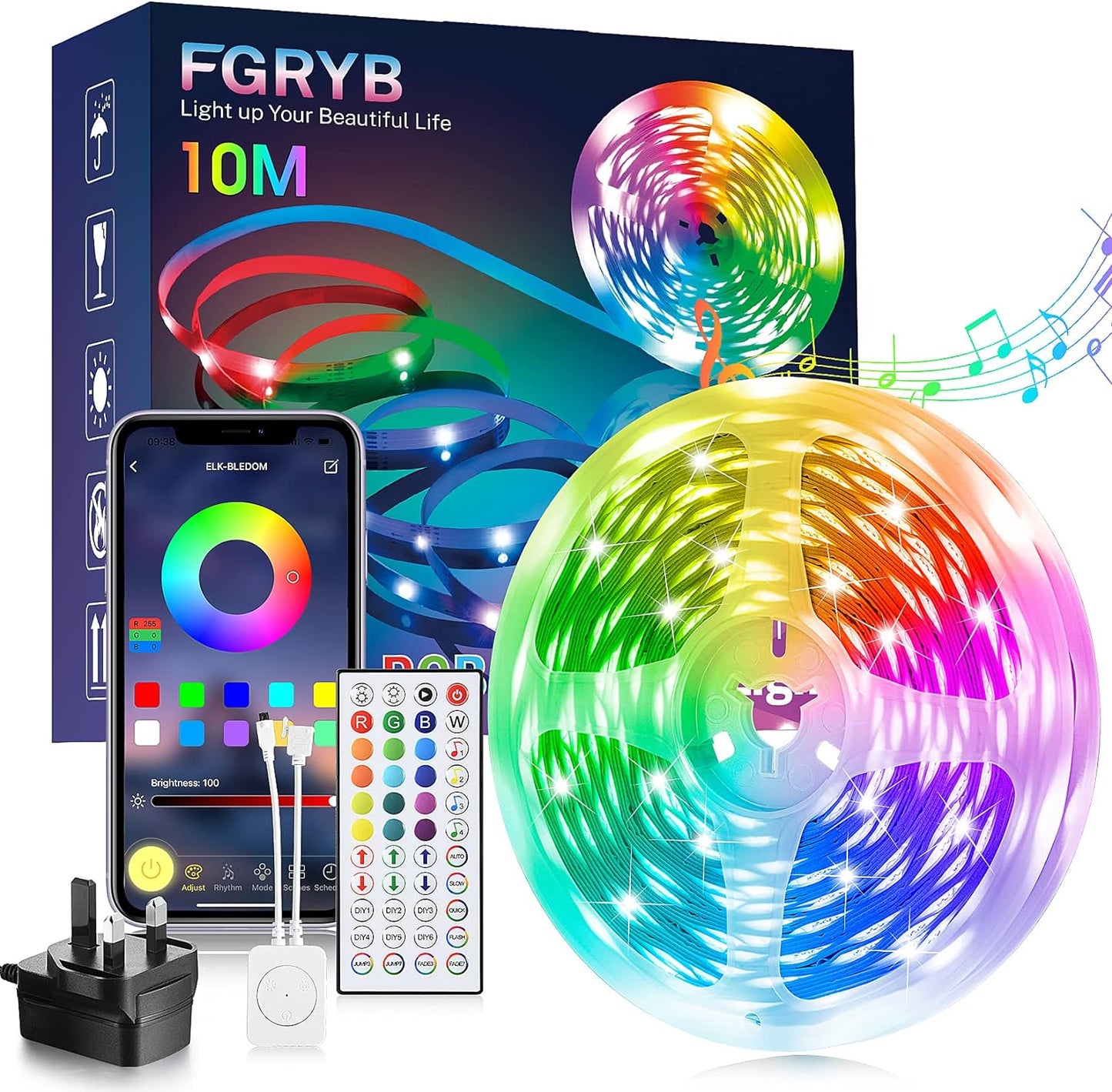 FGRYB Led Strip Light 10m Music Sync RGB Colour Changing Led Lights for Bedroom with Bluetooth App & Remote Control 24V Power Supply Flexible Lighting Strap for Home Rome Kitchen Decoration