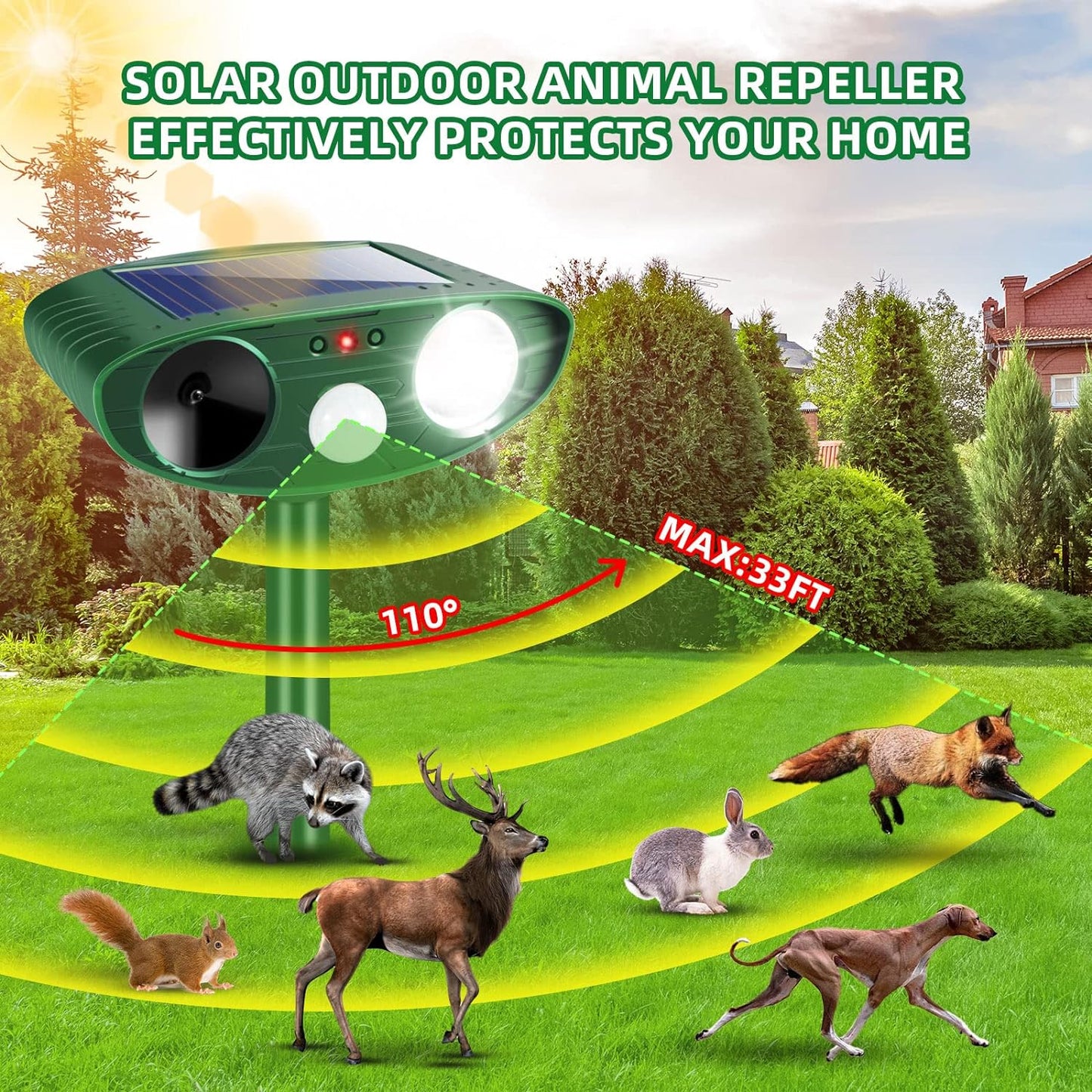 Ultrasonic Animal Repellent Outdoor,Solar Animal Repeller Deer Repellent Devices with Motion Sensor & Strobe Flashing Light,Cat Skunk Rabbit Repellent Outdoor Animal Deterrent for Garden Yard(1 Pack)