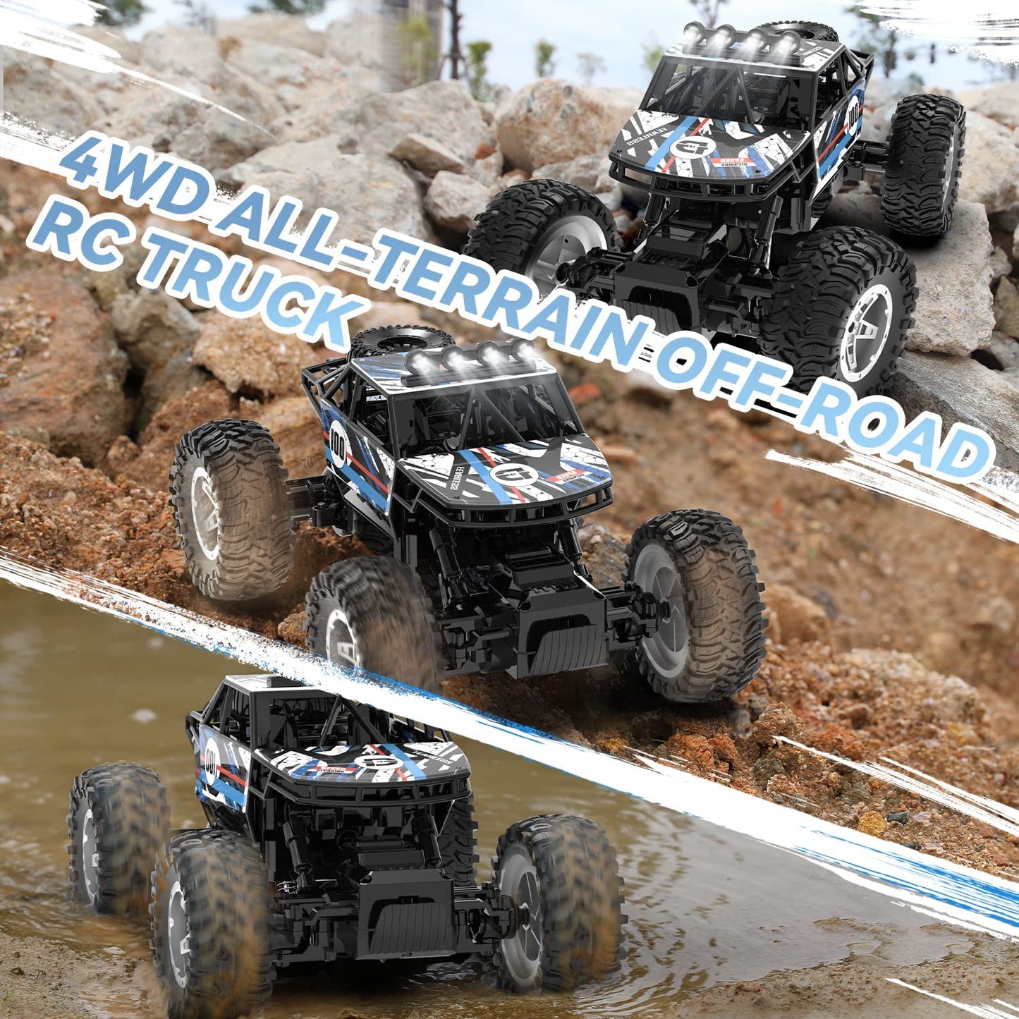 DEERC DE45 1:14 Remote Control Truck, RC Car Toy Rock Crawler, 4WD Off Road Monster Truck with Metal Shell Dual Motors LED Headlight 90 Min Play