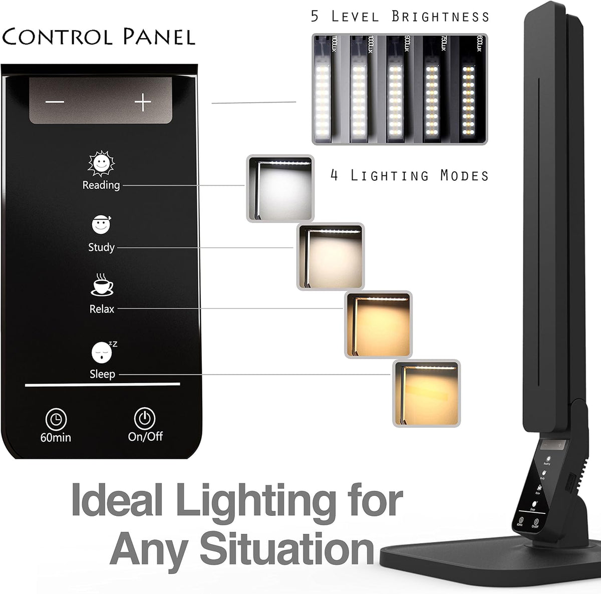 Lampat Dimmable LED Desk Lamp, 4 Lighting Modes, 5-Level Brightness Control, Touch-Sensitive Panel, 1-Hour Auto Timer, 5V/1A USB Charging Port, Piano Black