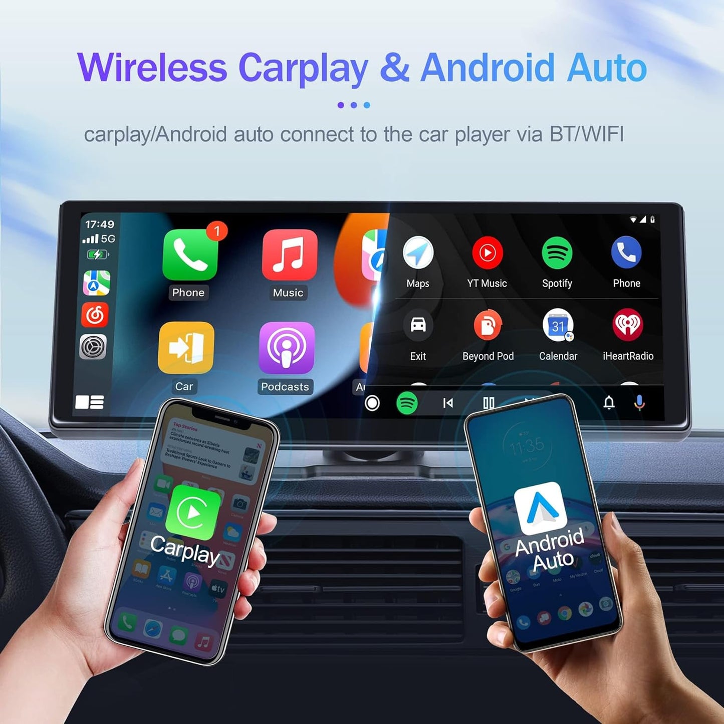 Dual Dash Cam Full HD 1080p Wireless Car Stereo with Apple CarPlay, Dash Cam, and 1080P Backup Camera. Portable Touchscreen GPS Navigation for Car, Bluetooth, AirPlay, AUX/FM, Google, Siri. Car Stereo Receiver