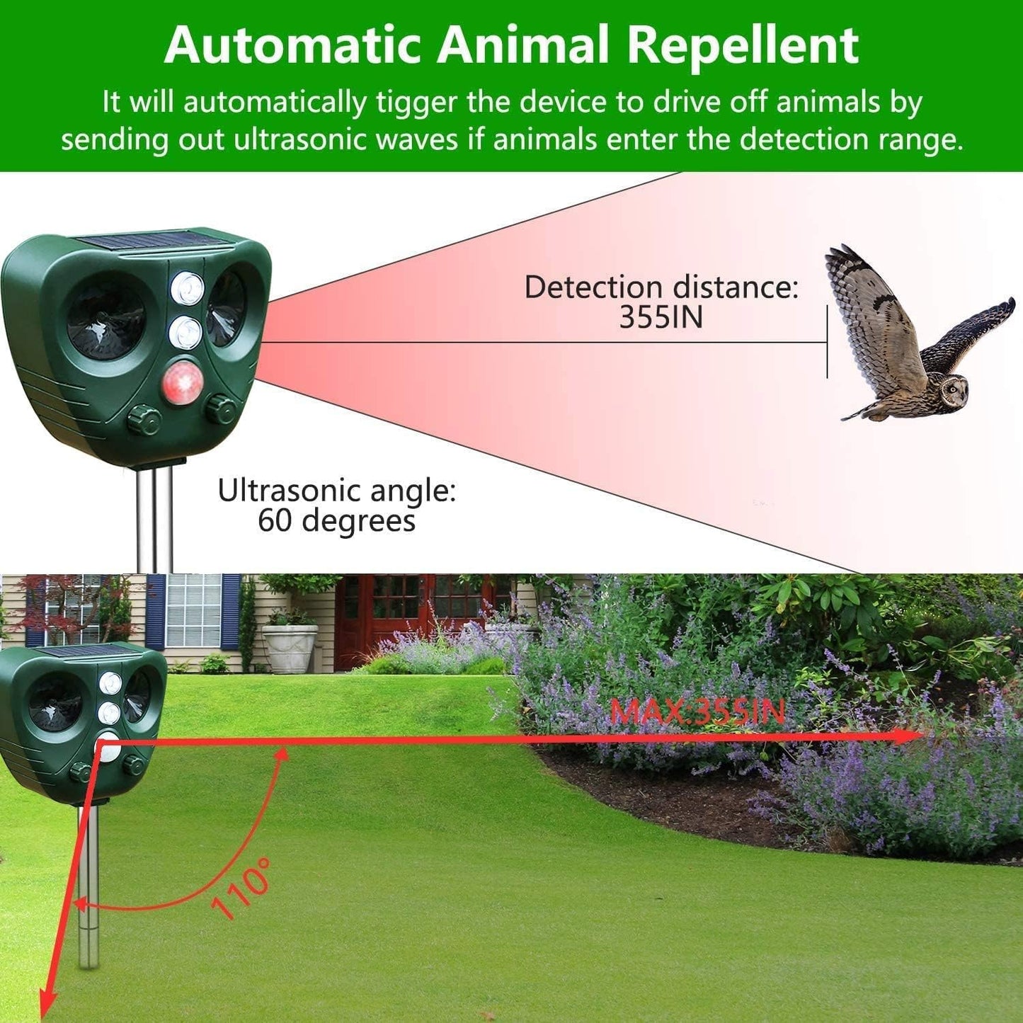 Ultrasonic Cat Repellent, Garden Fox Solar Powered & Waterproof Animal Deterrent, Flashing Light and USB Charge for Cats, Dogs, Squirrel, Rat, Foxes, Snake, Deer, Wild Animals