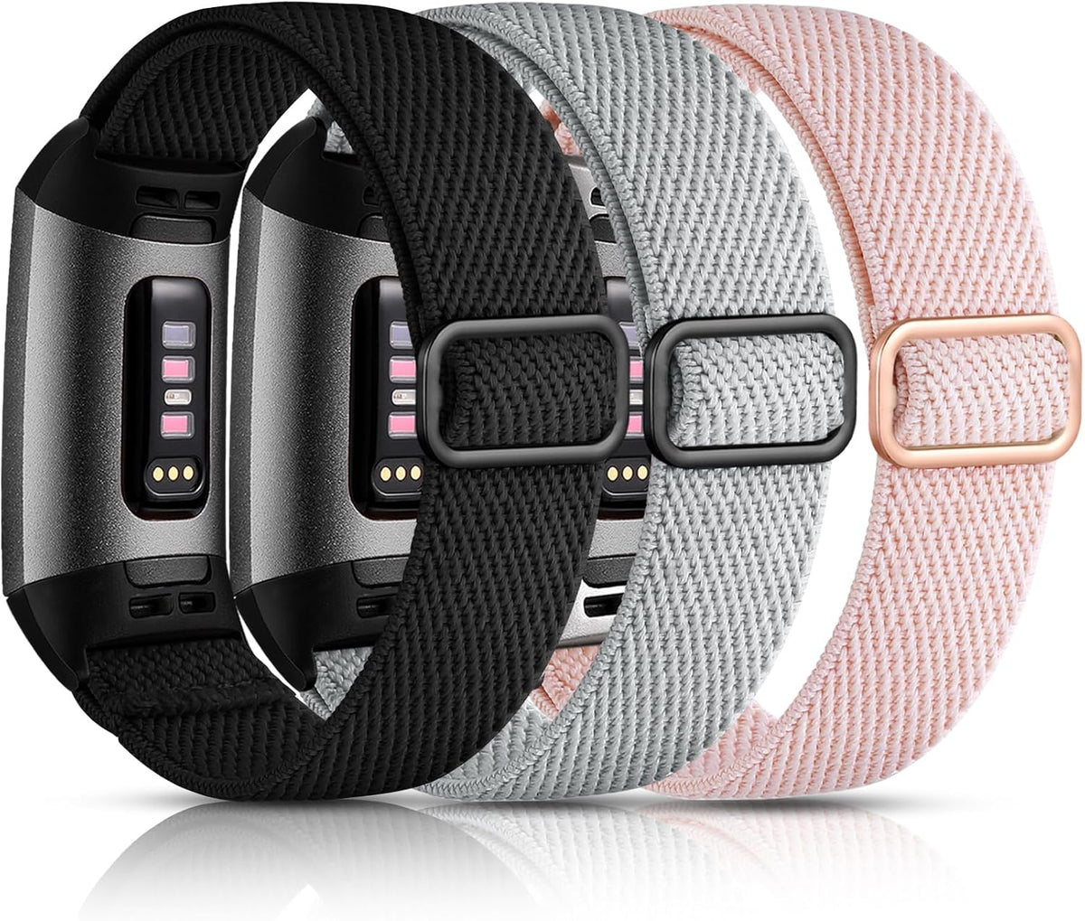Maledan 3 Pack Elastic Band Compatible with Fitbit Charge 4 and Fitbit Charge 3 Bands for Women Men, Adjustable Stretchy Solo Loop Strap Soft Nylon Fabric Wristband for Charge 3/ Charge 4/ 3SE