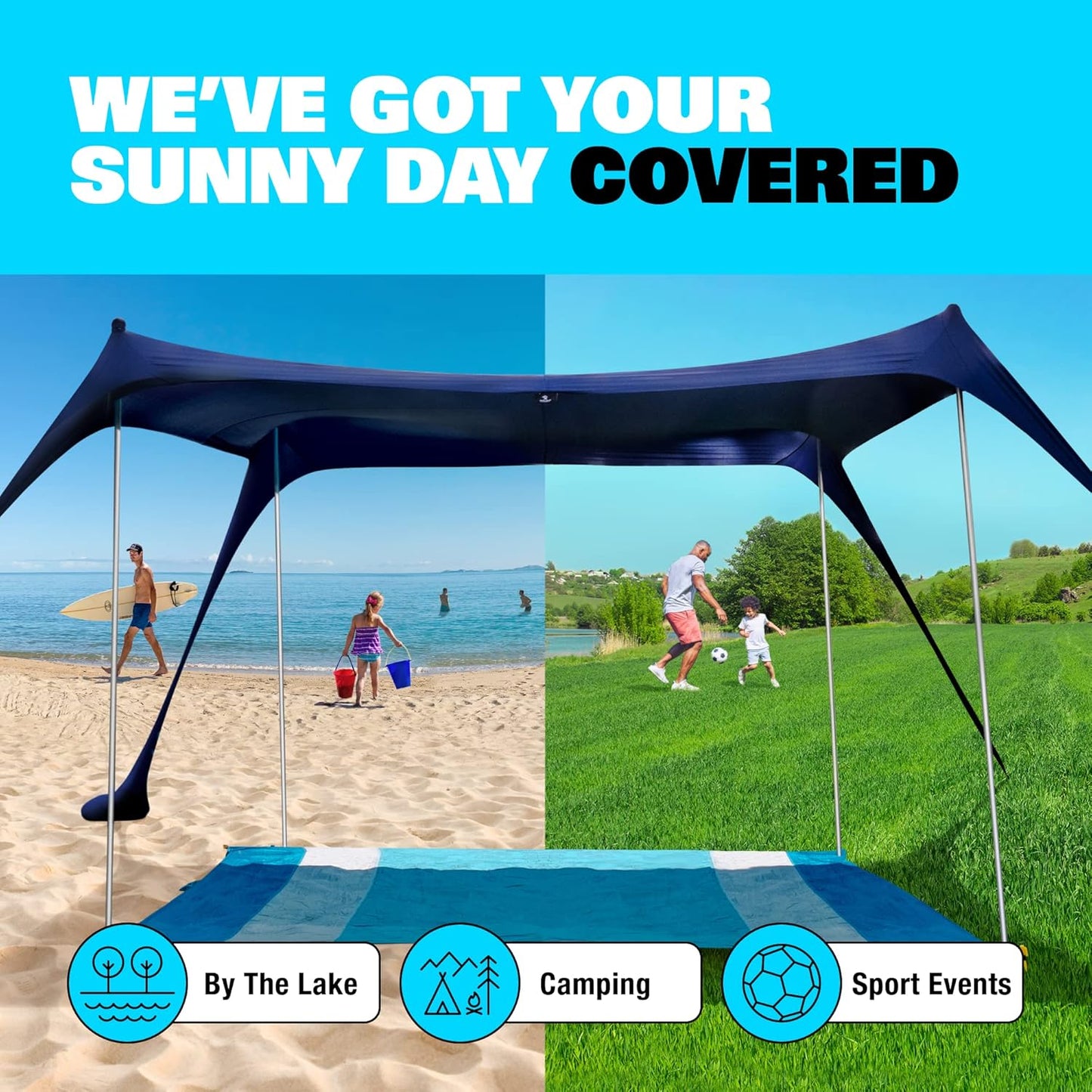 SUN NINJA Beach Tent Shelter with UPF50+ Protection, Includes Sand Shovel, Ground Pegs, Stability Poles, Outdoor Pop Up Shade Canopy for Camping, Fishing, Backyard Fun