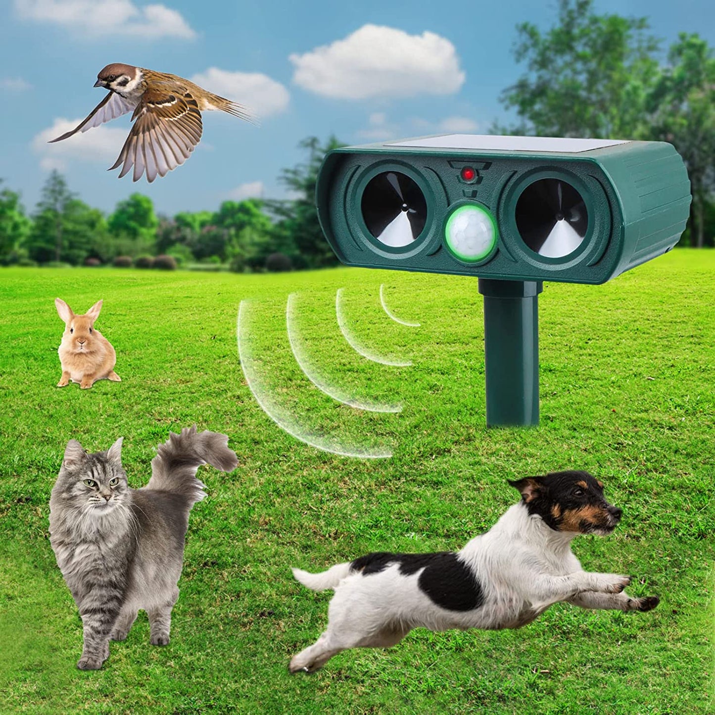 Dark Green Solar Garden Repeller, Waterproof Outdoor Machine, Auto Sensing Tool Set Work on Cat Rabbit, Mole