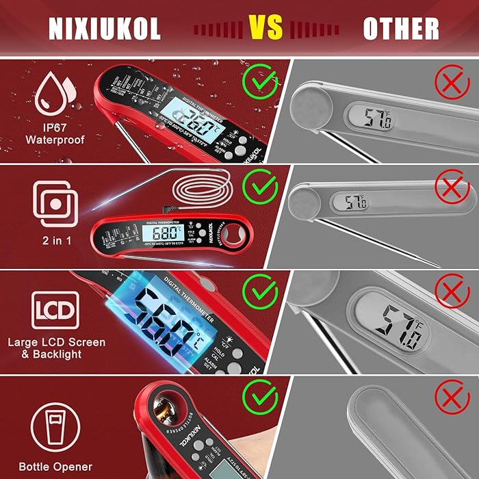 NIXIUKOL 2 in 1 Digital Cooking Thermometer, IP67 Waterproof Meat Thermometer with Instant Read, Temperature Alarm, Backlight LCD, Food Thermometer Perfect for Kitchen BBQ Grill Oven Milk