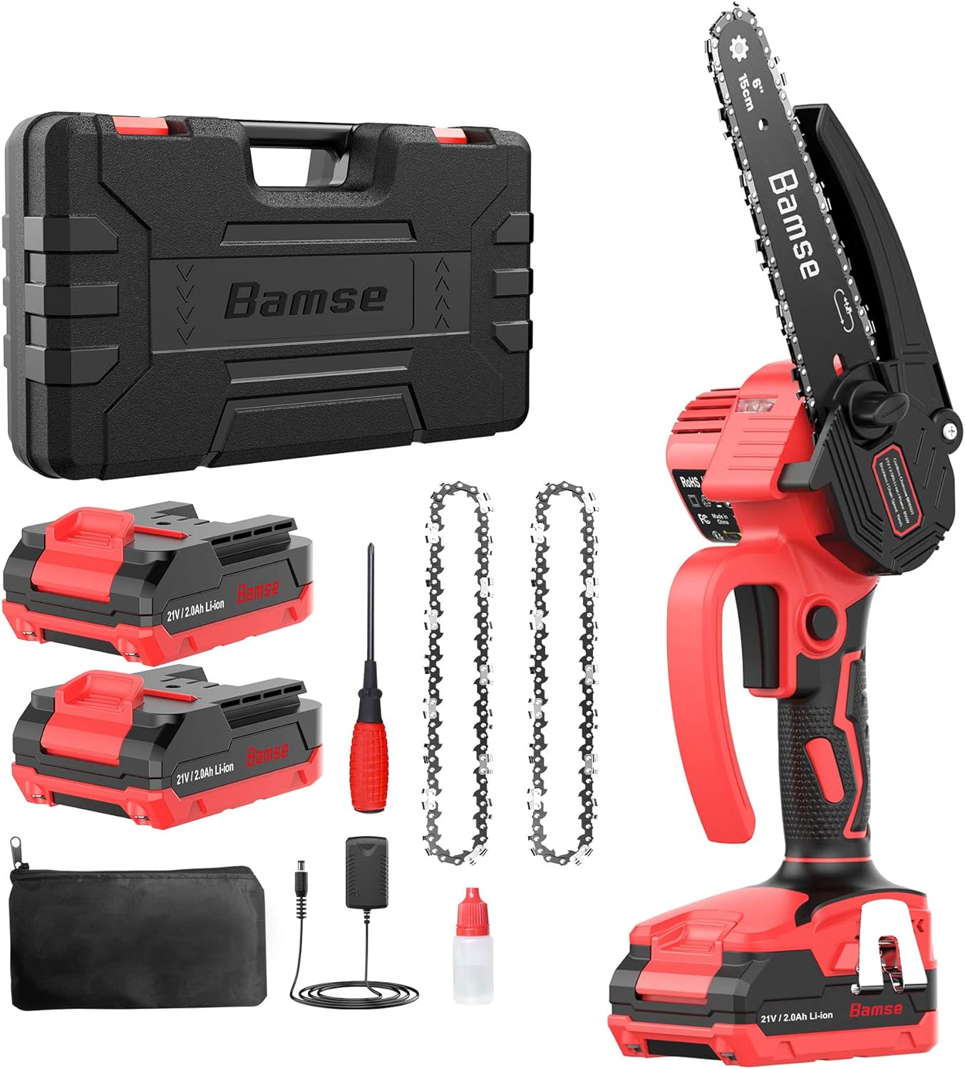 Bamse Mini Chainsaw 6 Inch, Cordless Chainsaw Brushless with 2 Batteries 2.0Ah, 2 Chains, 10m/s Electric Chainsaw for Tree Branches and Garden Cutting