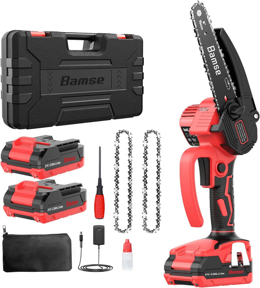 Bamse Mini Chainsaw 6 Inch, Cordless Chainsaw Brushless with 2 Batteries 2.0Ah, 2 Chains, 10m/s Electric Chainsaw for Tree Branches and Garden Cutting