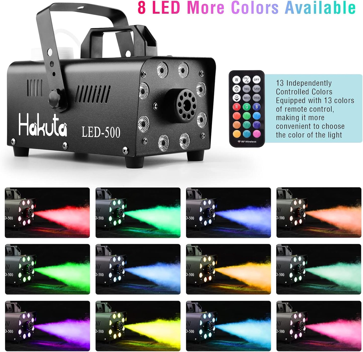 Like A New Fog Machine, HAKUTA Automatic Spray Smoke Machine with 8 LED Lights and 13 Colorful LED Lighting Effects, 500W and 2000CFM Fog LED Fog Machine, Perfect for Wedding, Christmas, Halloween, Performance