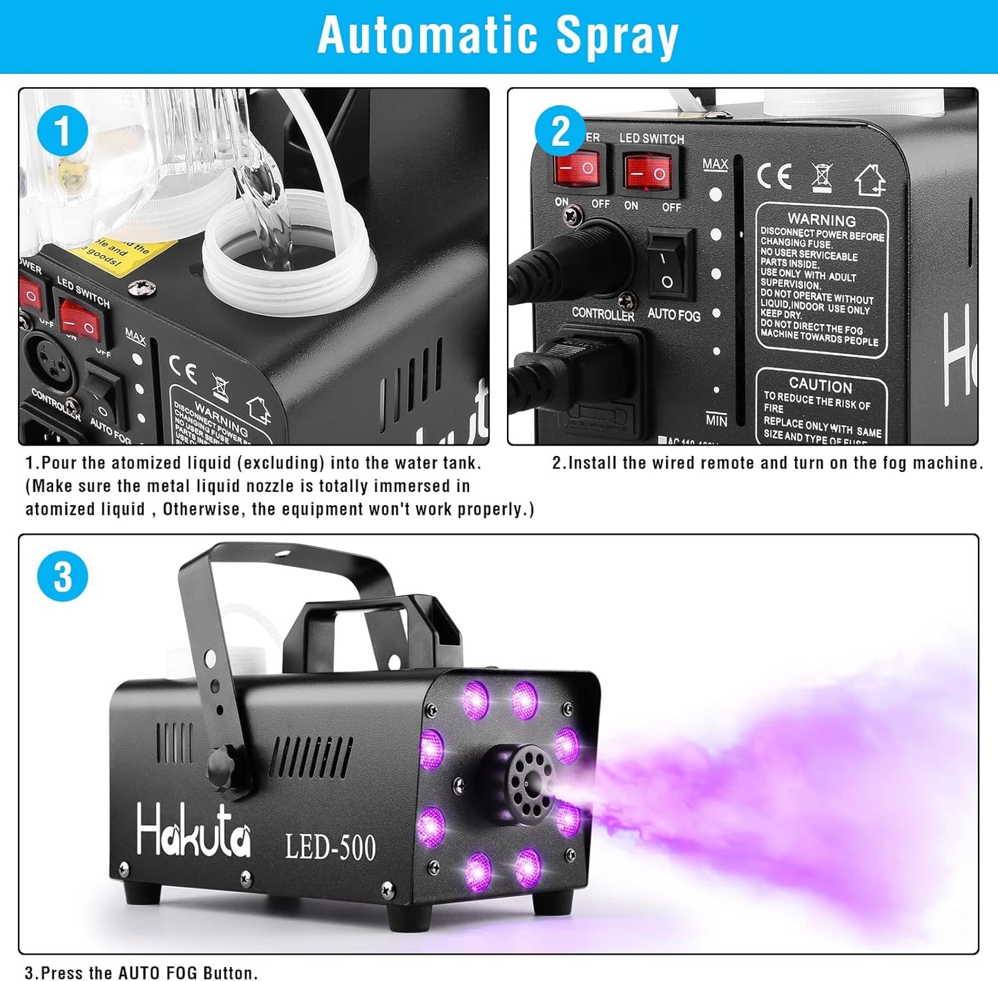 Like A New Fog Machine, HAKUTA Automatic Spray Smoke Machine with 8 LED Lights and 13 Colorful LED Lighting Effects, 500W and 2000CFM Fog LED Fog Machine, Perfect for Wedding, Christmas, Halloween, Performance