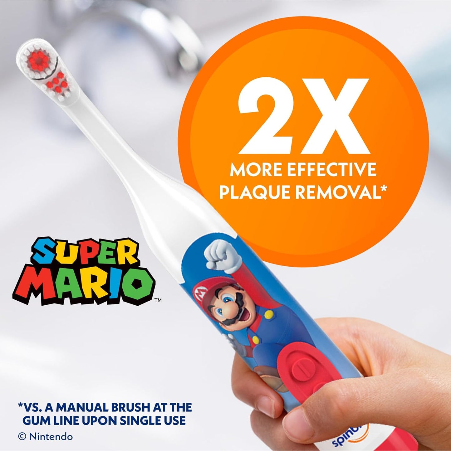 Spinbrush™ Kids Electric Toothbrush, Super Mario™ Battery Powered Electric Toothbrush for Children Ages 3+ with 1 AA Battery, Soft Head Bristles, Leakproof SoftSwitch, Ready-to-Use