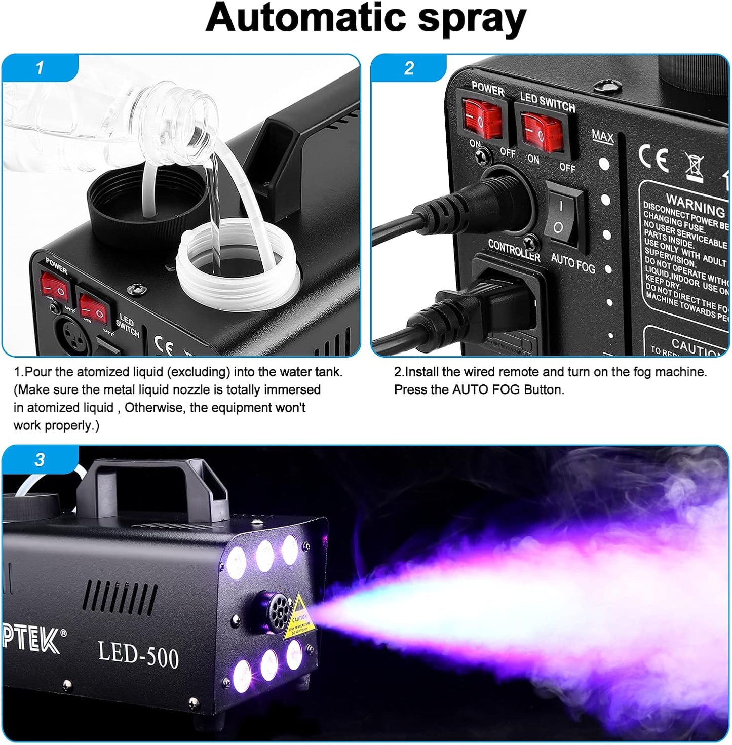 Fog Machine, AGPTEK Automatic Spray Smoke Machine with 6 LED Lights and 13 Colorful LED Light Effects, Great for Halloween, Christmas, Wedding, Parties and DJ Performance