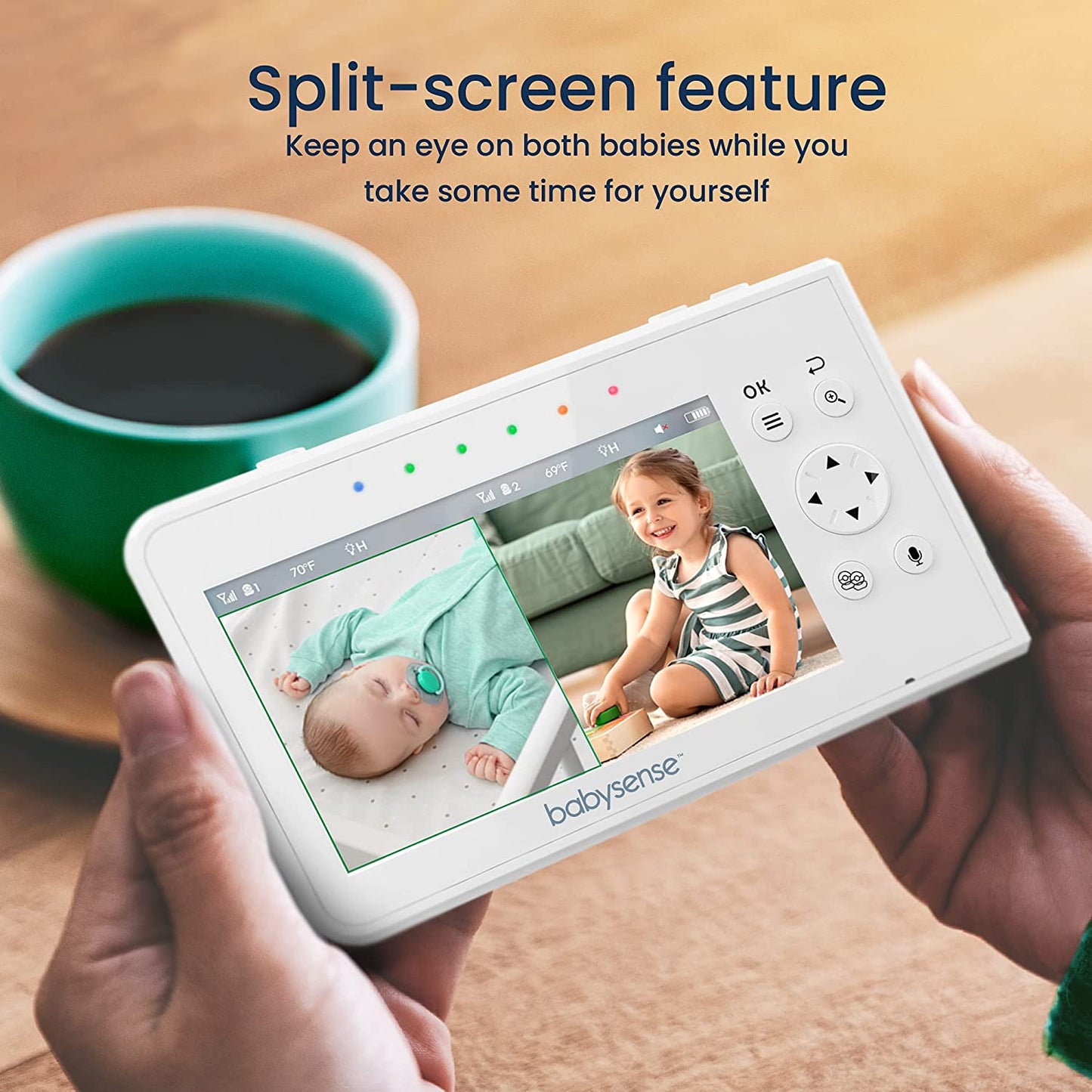 Babysense Baby Monitor, 4.3" Split Screen, Video Baby Monitor with Cameras and Audio, Remote PTZ, 960ft Range (Open Space), Adjustable Night Light, Two-Way Audio, Zoom, Night Vision, Lullabies