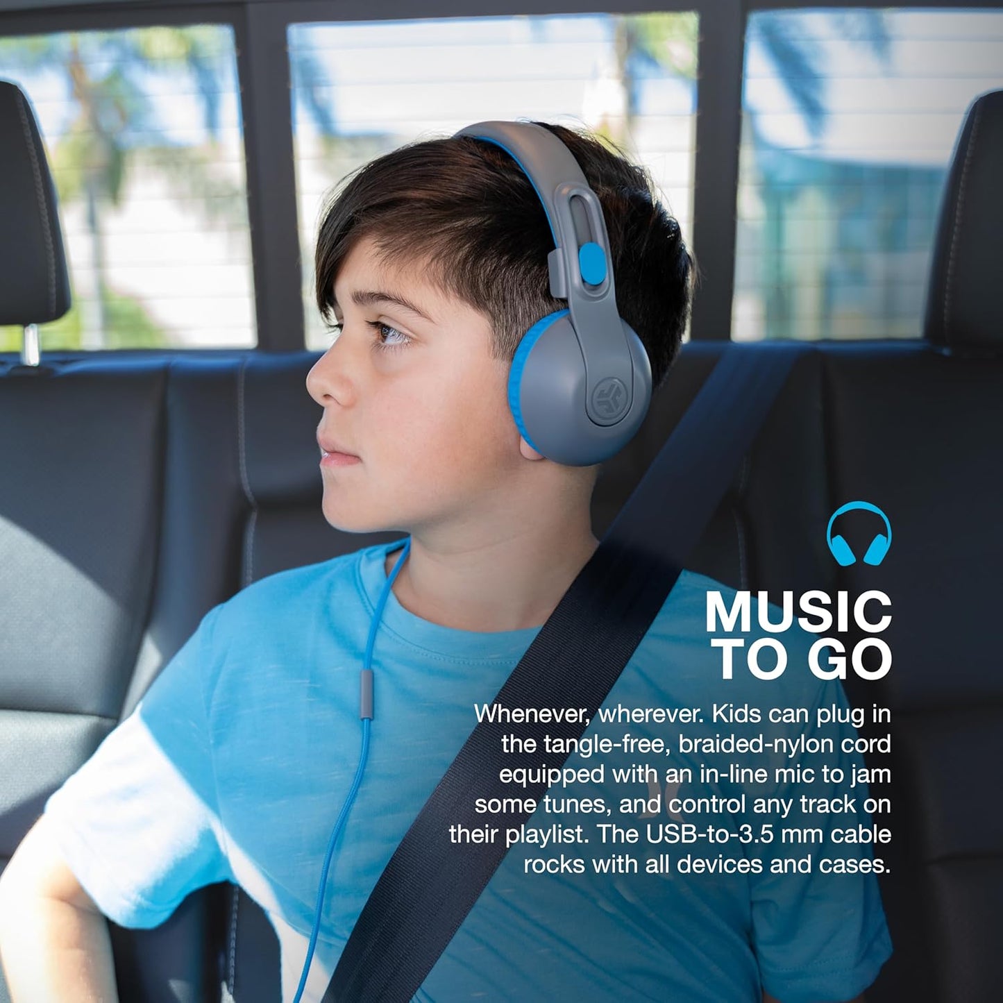 JLab JBuddies Studio 2 On-Ear Kids Wired Headphones, Grey/Blue, Toddler Headphones, Kid Safe, Studio Volume Safe, Volume Limiter, Folding, Adjustable, Noise Isolation, with Mic
