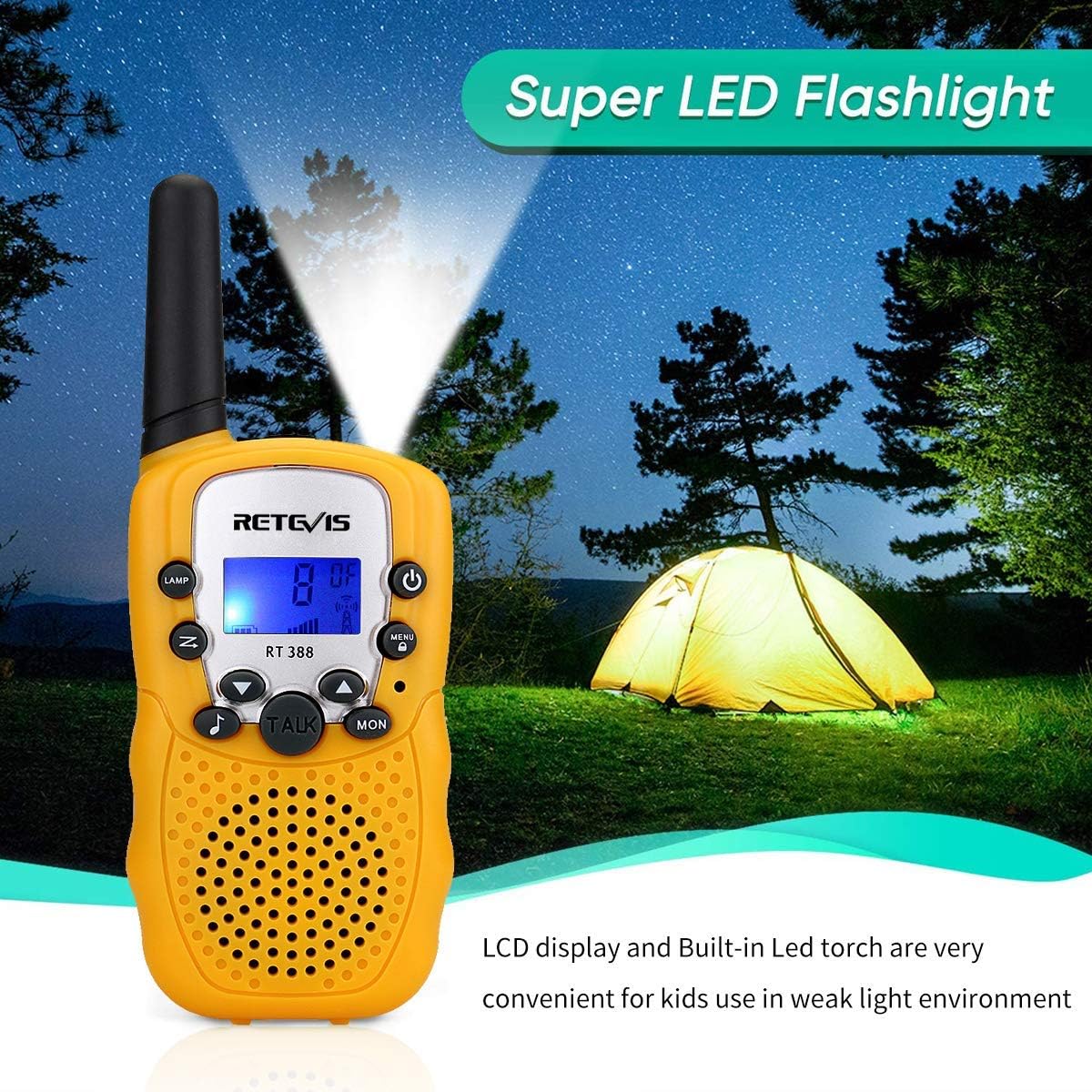 Retevis RT-388 Walkie Talkies for Kids,22 Channels Long Range Kids Toys with Flashlight,Christmas Gifts Boys Girls Outdoor Indoor Cosplay Camping Hiking Skating(Yellow,2 Pack)