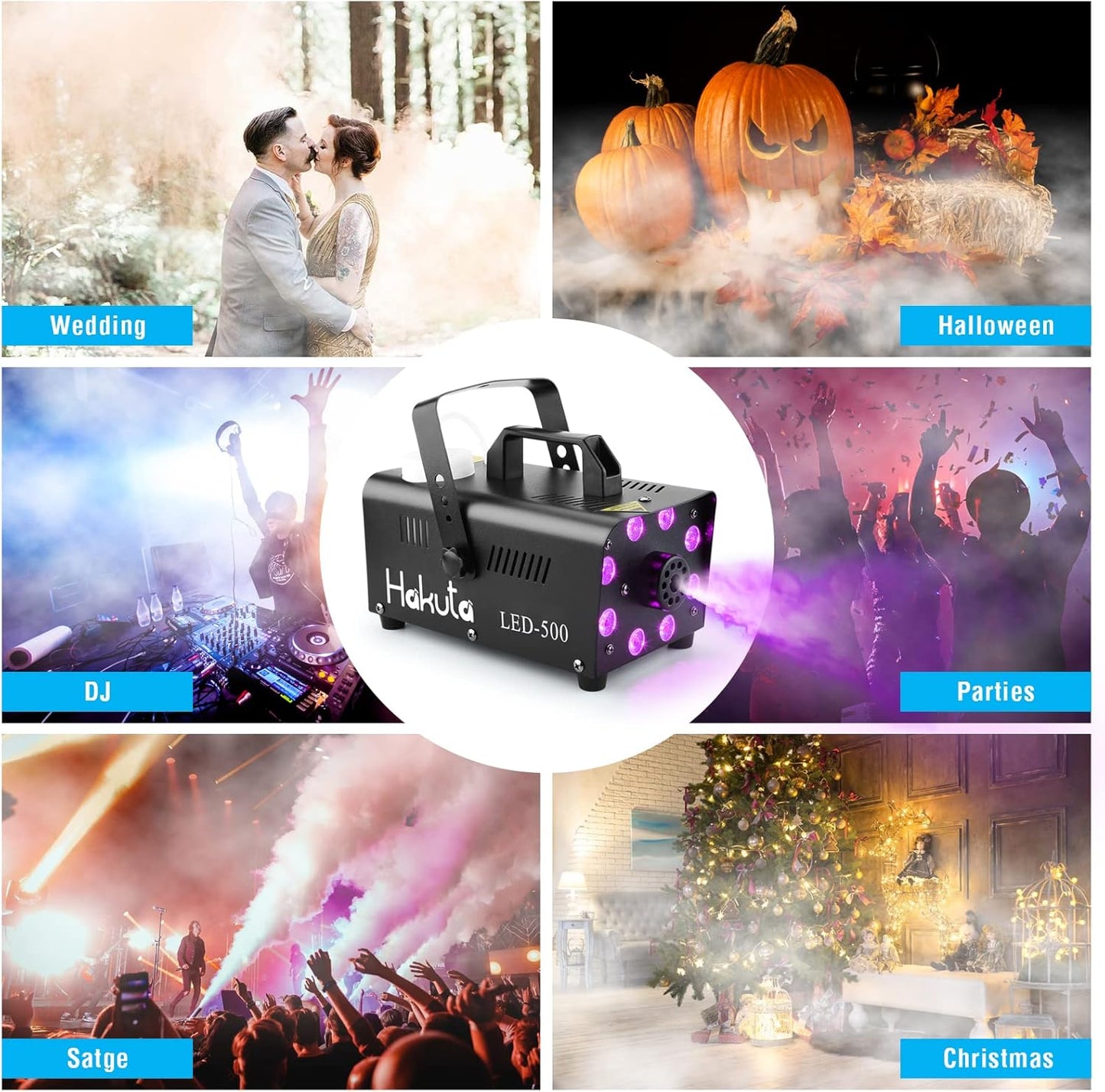 Like A New Fog Machine, HAKUTA Automatic Spray Smoke Machine with 8 LED Lights and 13 Colorful LED Lighting Effects, 500W and 2000CFM Fog LED Fog Machine, Perfect for Wedding, Christmas, Halloween, Performance