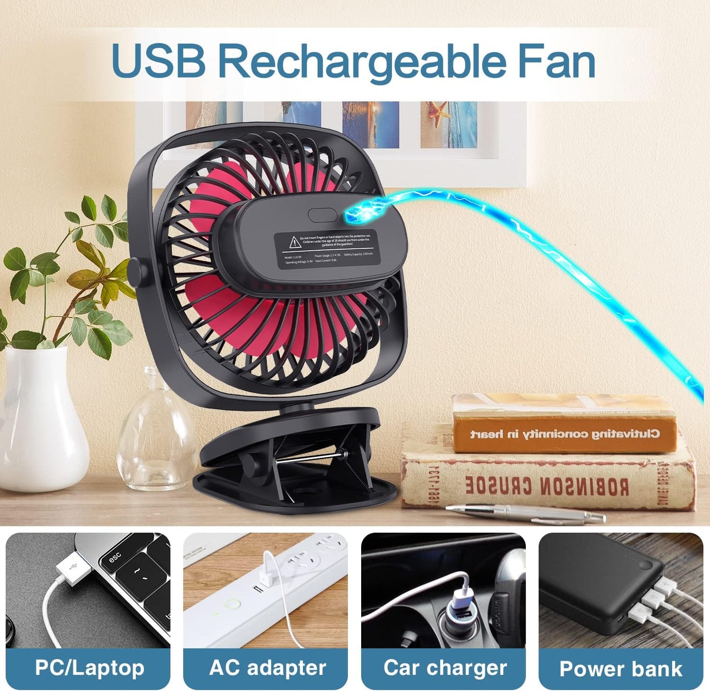 VersionTECH. Clip on Fan,Small Desk Fan Portable Mini Fan for Bedroom Baby Stroller Fan USB Personal Rechargeable Battery Operated Table Cooling Fan for Home Office Indoor Outdoor Travel Camping-Black