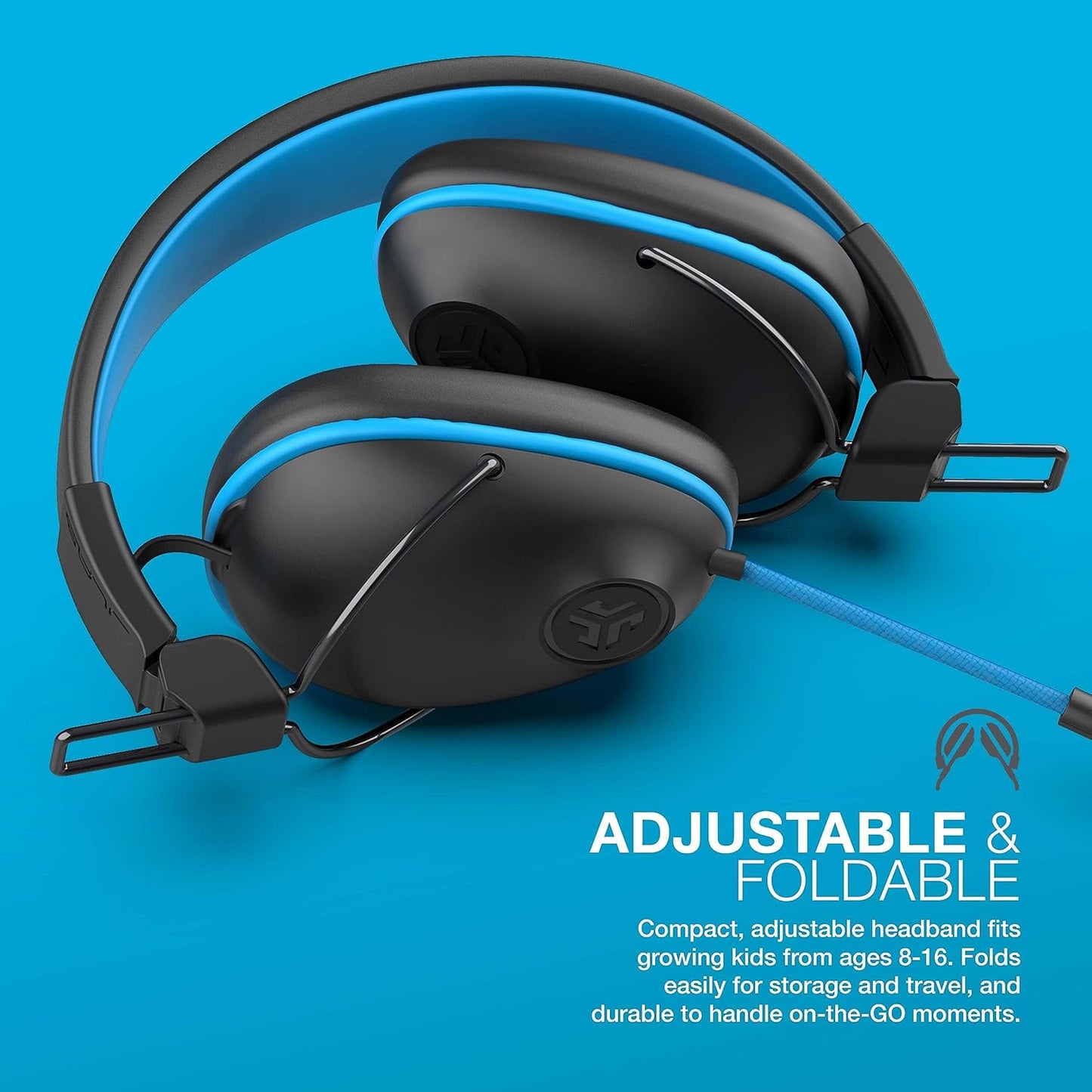 JLab JBuddies Pro Wired Over-Ear Kids Headphones, Built-in Volume Regulators for Safety, Folding, Adjustable, Noise Isolation, with Mic, Blue