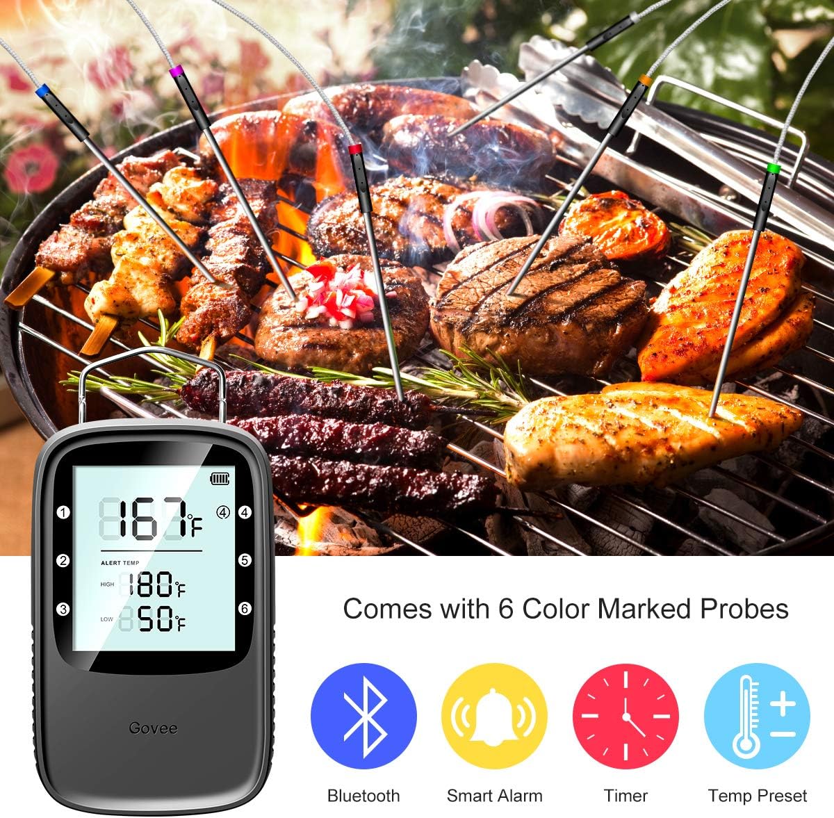 Govee Bluetooth Meat Thermometer for iPhone/Android, Wireless BBQ Thermometer with 6 IPX7 Waterproof Probes, Remote Food Cooking Thermometer with Timer for Grill & Smoker(230ft Working Distance)