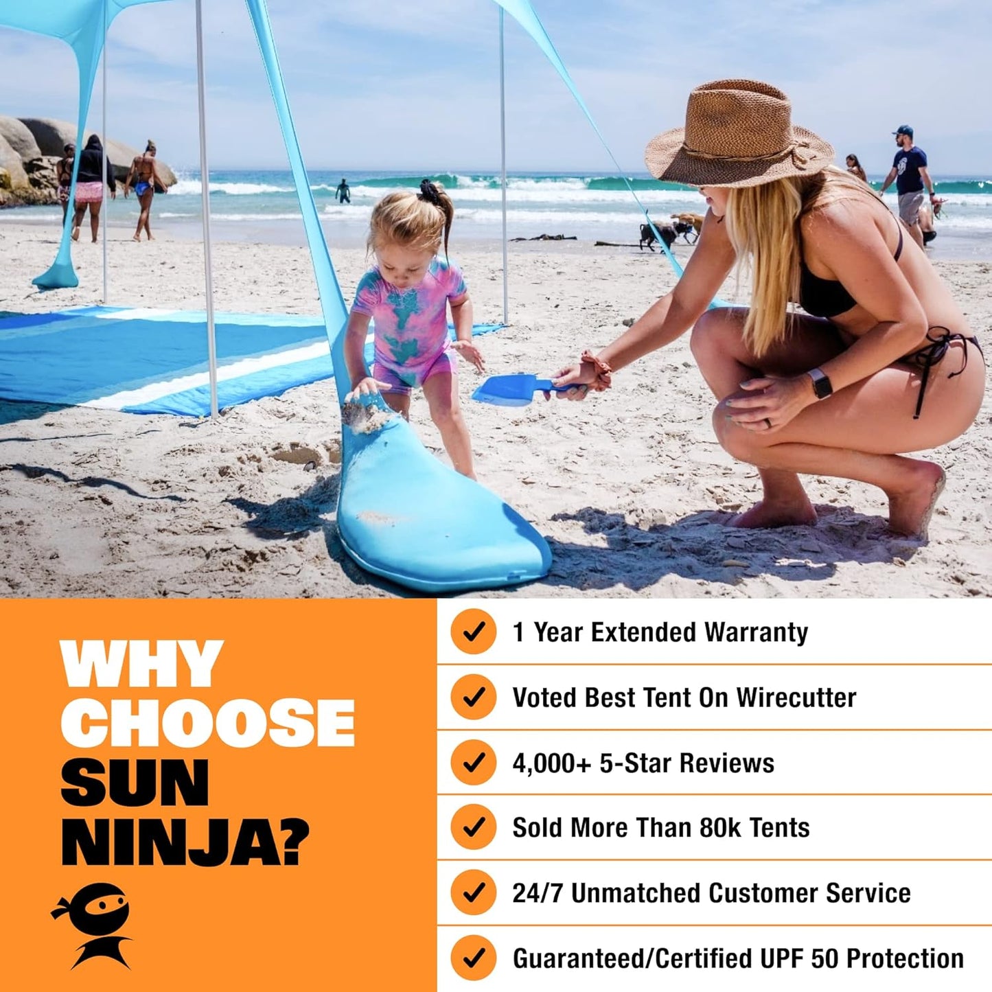 SUN NINJA Beach Tent Shelter with UPF50+ Protection, Includes Sand Shovel, Ground Pegs, Stability Poles, Outdoor Pop Up Shade Canopy for Camping, Fishing, Backyard Fun