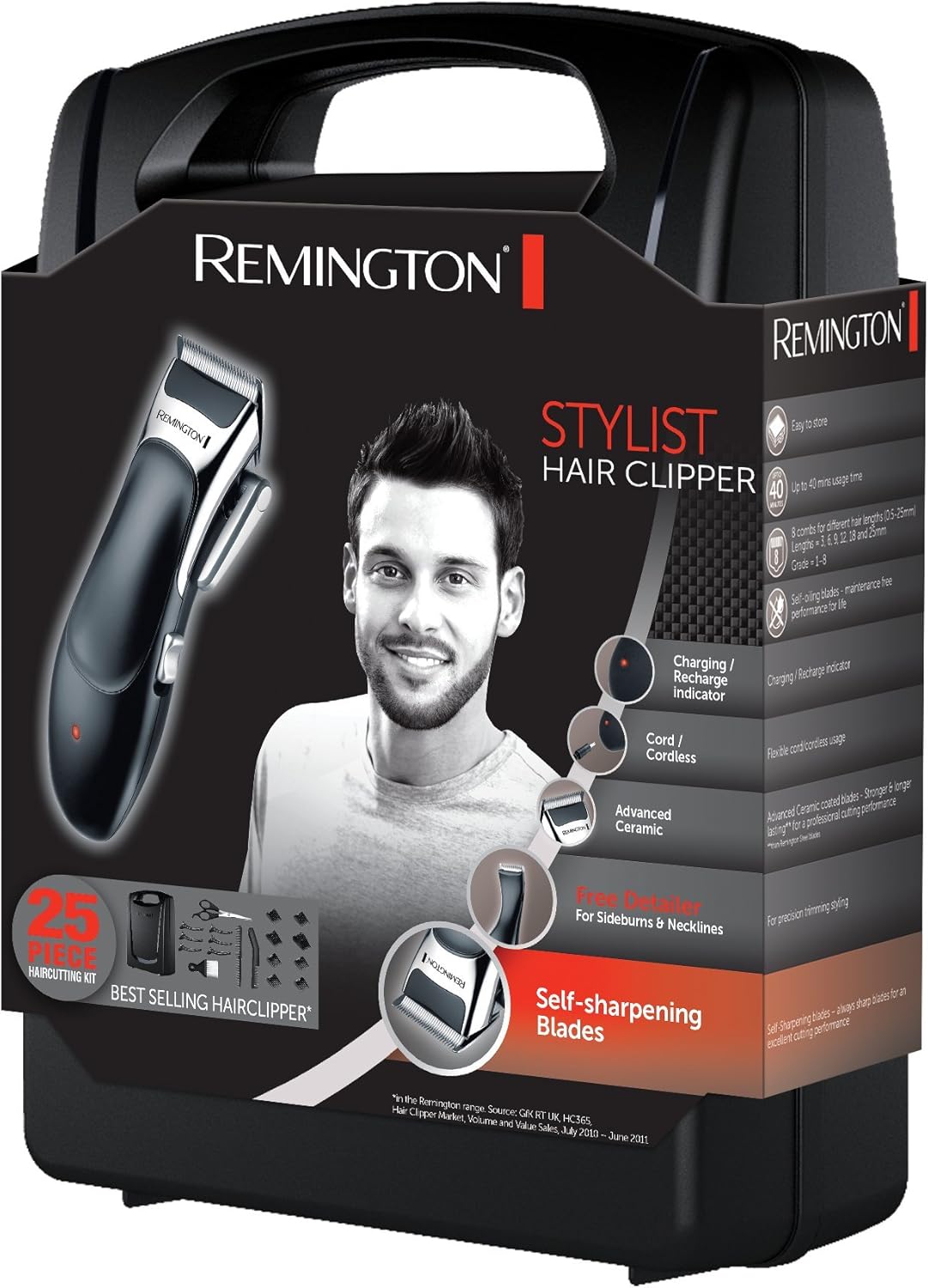 Remington Stylist Hair Clippers Kit with Self-Sharpening Ceramic Blades (Cordless, 40-Minute Usage, 25 Piece Kit inc. Hair Clippers & Detail Trimmer, 8 Comb Lengths (3–25 mm), Storage Case) HC366