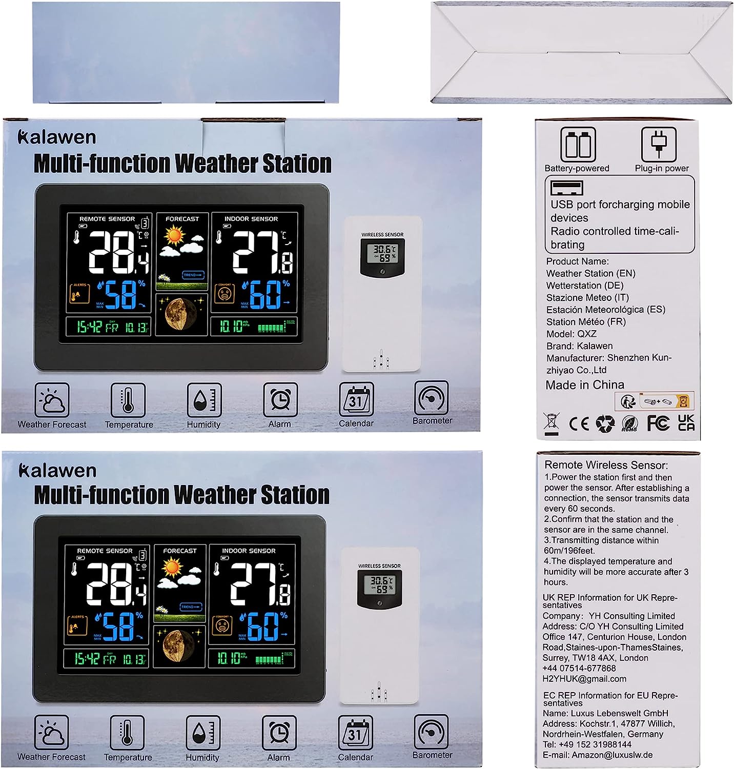 Kalawen Wireless Weather Station with Outdoor Sensor, Digital Colour Display, Wireless Weather Station, DCF Radio Clock, Multifunctional Weather Station, Thermometer, Hygrometer, Indoor and Outdoor LCD Display with Weather Forecast