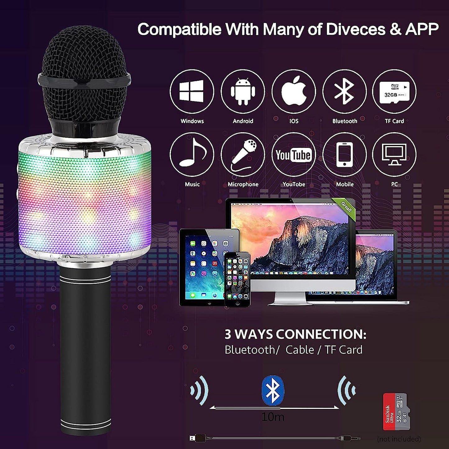 Karaoke Microphone for Kids Singing,5 in 1 Wireless Bluetooth Microphone with LED Lights Karaoke Machine Portable Mic Speaker Player Recorder for Home Party Birthday Black