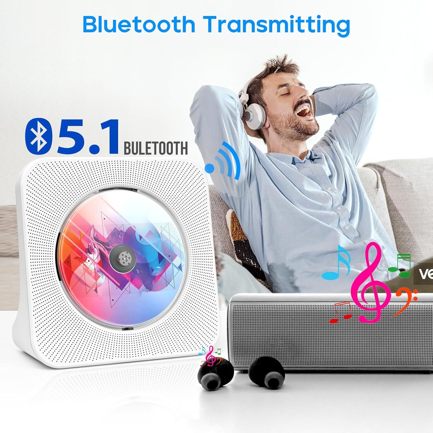 Desktop CD Player with Speakers, ROADOM Home Bluetooth CD Player with Hi-Fi Stereo Sound,Remote Control,Supports CD/Bluetooth/FM Radio/U Disk/AUX/Timer/Repeat