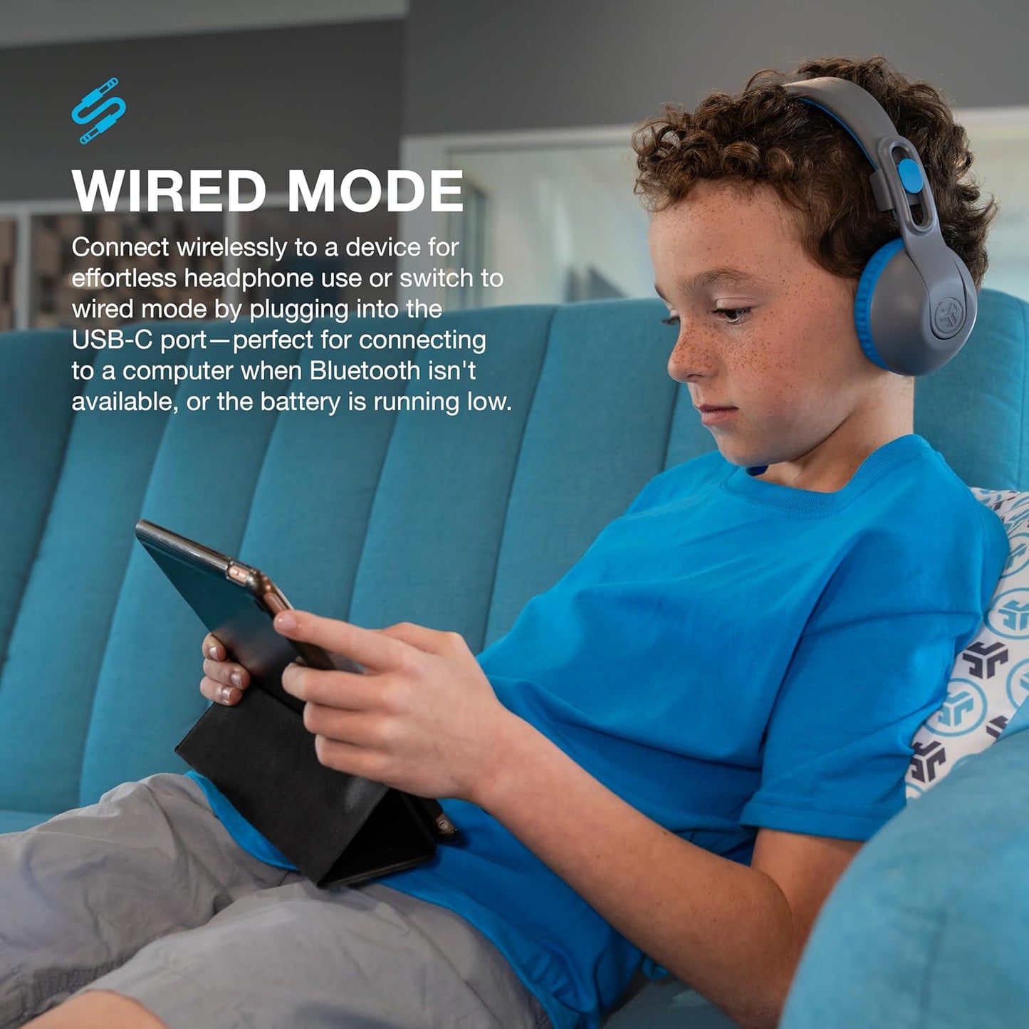 JLab JBuddies Studio 2 Wireless +Wired On-Ear Kids Headphones, Grey/Blue, 65+ Hour Battery Life, Share Mode, Volume Safe, Volume Limiter, Folding, Adjustable, Noise Isolation, with Mic