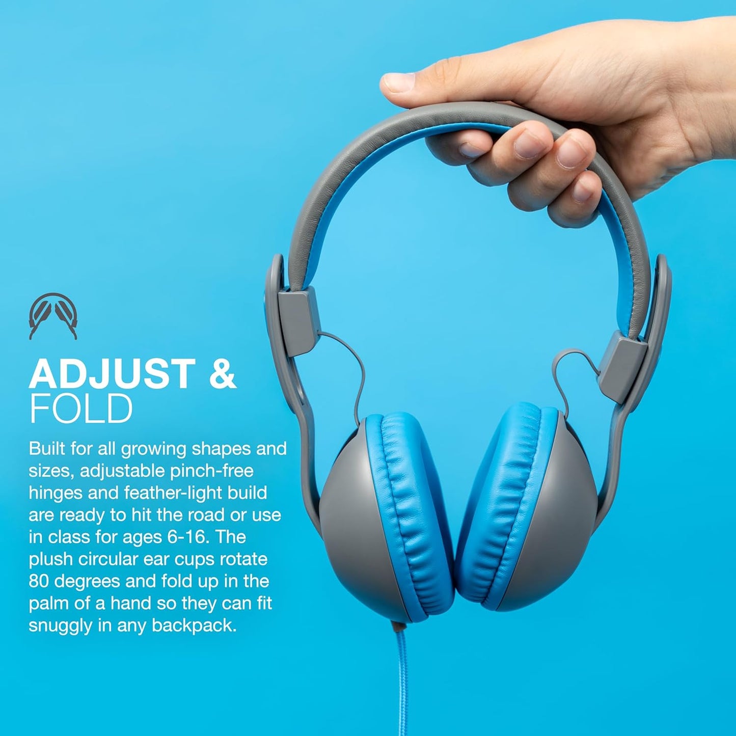 JLab JBuddies Studio 2 On-Ear Kids Wired Headphones, Grey/Blue, Toddler Headphones, Kid Safe, Studio Volume Safe, Volume Limiter, Folding, Adjustable, Noise Isolation, with Mic