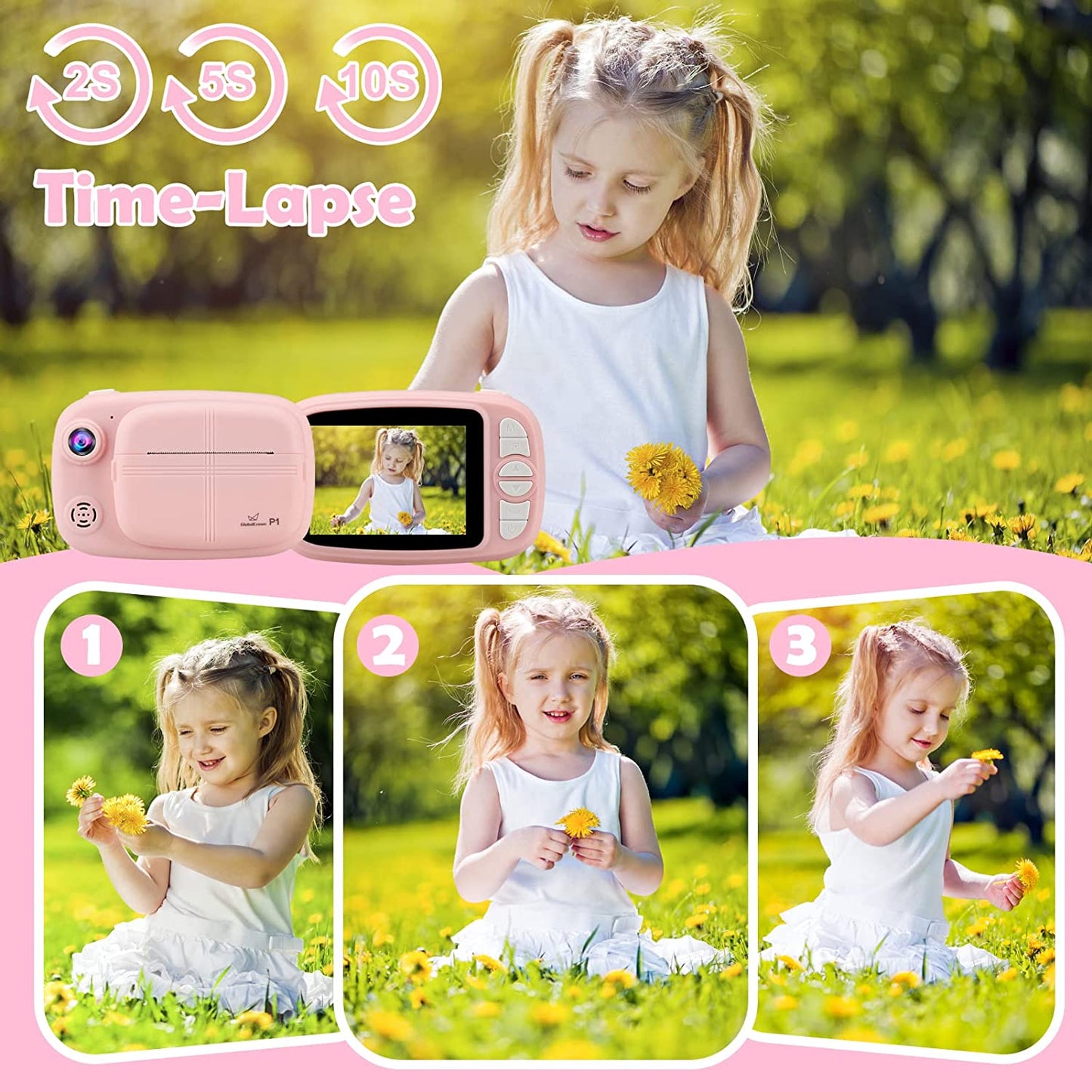 GlobalCrown Instant Camera for Kids,Camera Instant Print 3.5 Inch Screen Video Child Digital Instant Photo Cameras Gifts for Boys Girls (Included 4 Rolls of Printing Paper and 32GB Card)