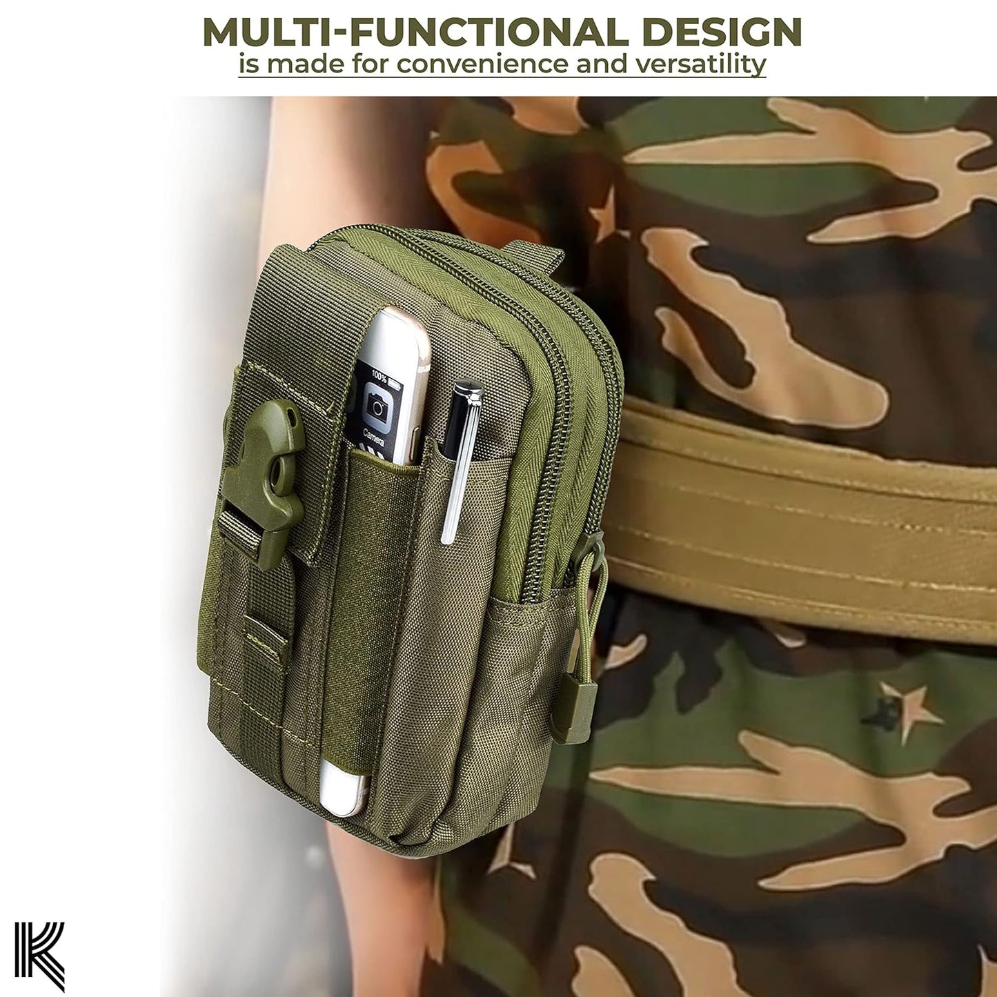 Kraptick Multi-Purpose Water Resistant Waist Bag with Dual Compartment, Waist Bag Mobile Phone Holder, Waist Pack for Men, Women Camping Hiking Pouch (Army Green)