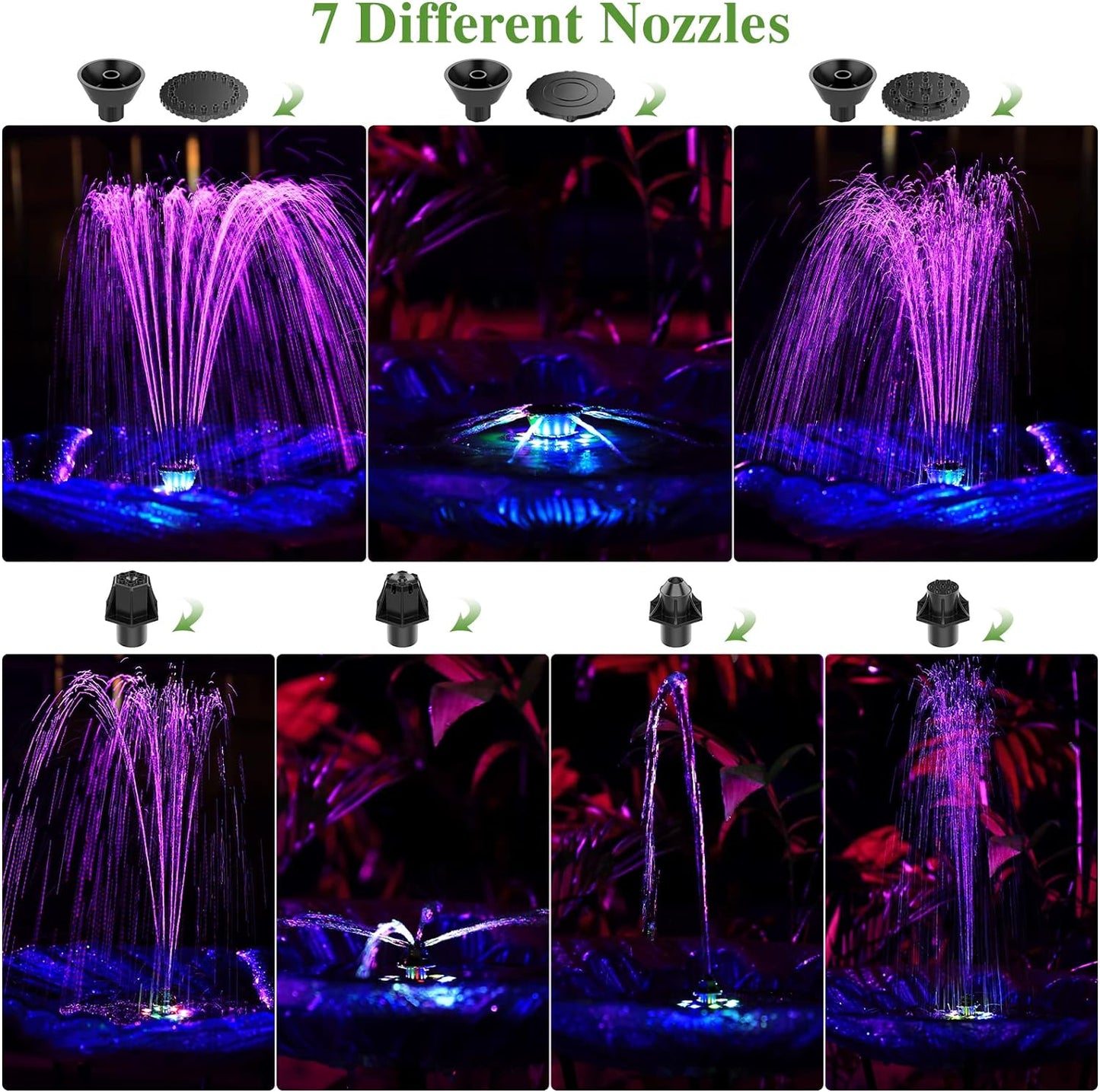 AISITIN 5.5W Solar Fountain with LED Colorful Lights & 2000mAh Battery, Solar Bird Bath Fountains with 7 Nozzles & Bracket, Solar Water Fountain Pump for Bird Bath, Garden, Pond, Fish Tank and Outdoor