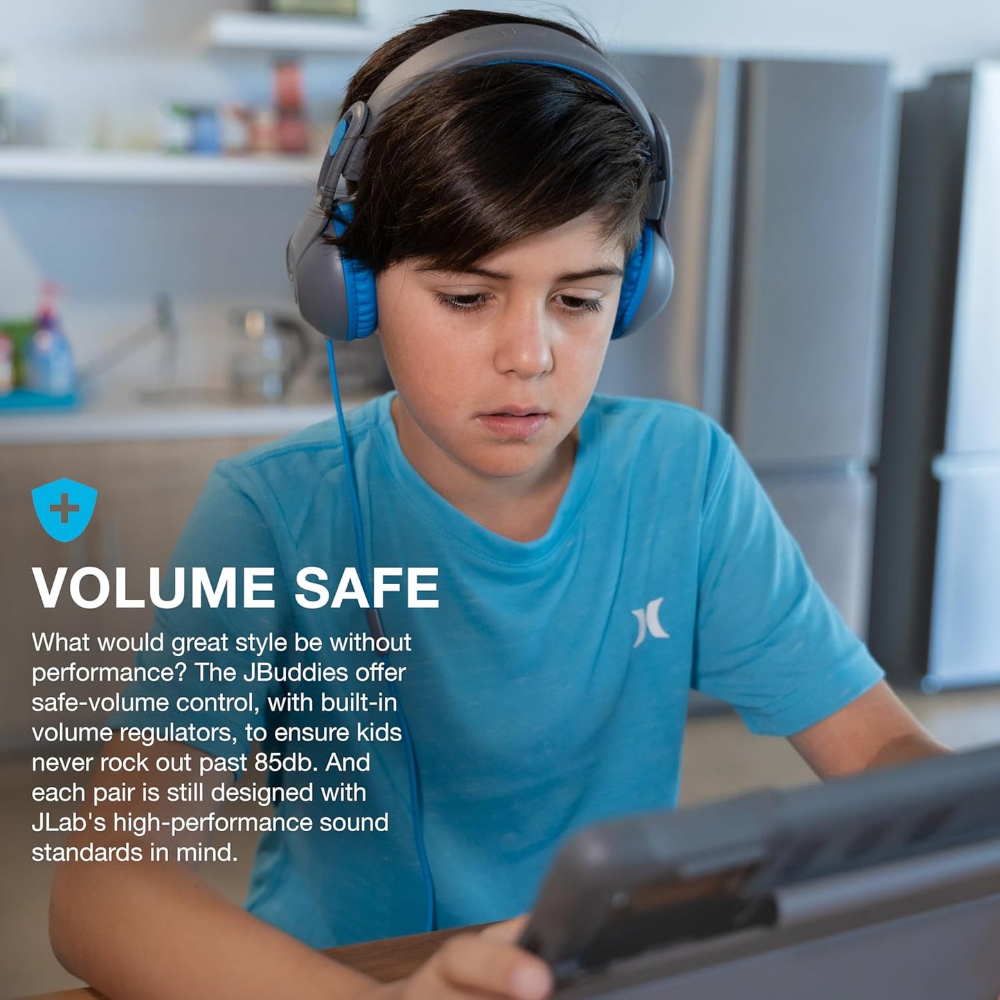 JLab JBuddies Studio 2 On-Ear Kids Wired Headphones, Grey/Blue, Toddler Headphones, Kid Safe, Studio Volume Safe, Volume Limiter, Folding, Adjustable, Noise Isolation, with Mic