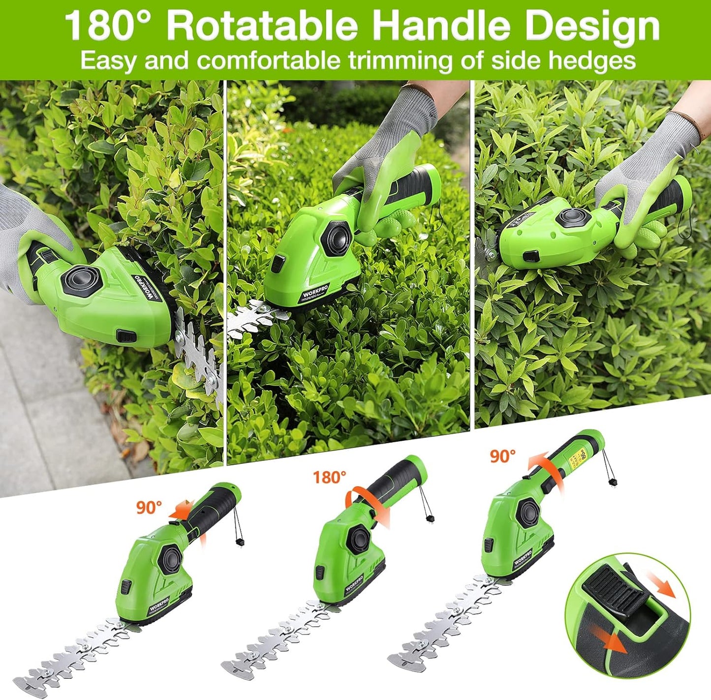 WORKPRO Cordless Grass Shear & Shrubbery Trimmer - 2 in 1 Handheld Hedge Trimmer 7.2V Electric Grass Cutter 2.0Ah Rechargeable Lithium-Ion Battery and USB Cable Included