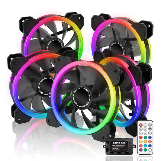 EZDIY-FAB Dual Ring 120mm RGB Case Fan 5-Pack,Quiet Edition High Airflow Adjustable Color LED Case Fan for PC Cases, CPU Coolers with Remote Controller