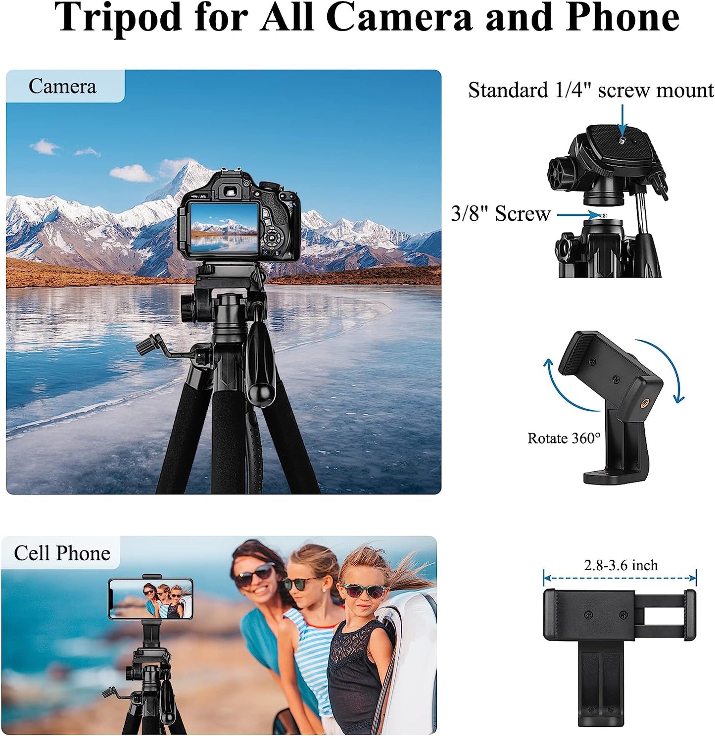 VICTIV NT70 Camera Tripod, Tripod for Camera and Phone, Aluminum Heavy Duty Tripod Stand for Canon Nikon with Carry Bag and Phone Holder, Compatible with DSLR, iPhone, Spotting Scopes, Max Load 15 Lb