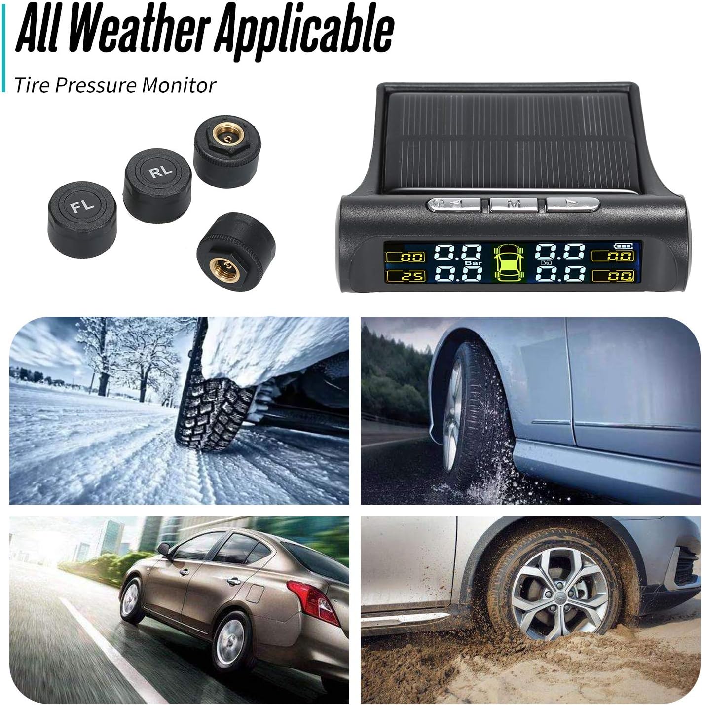 RuleaxAsi 1# Solar TPMS Wireless Car Tire Pressure Monitoring System with 4 External Sensors