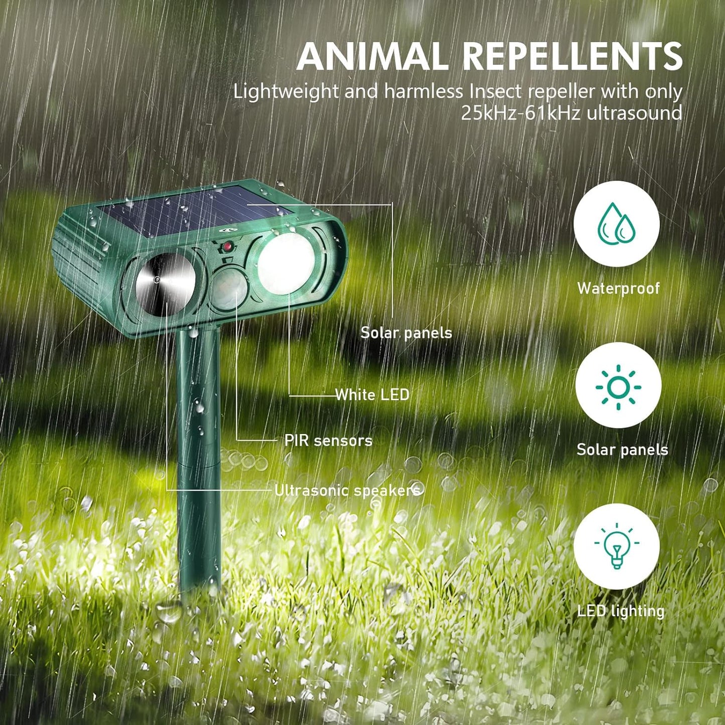 Cat Repellent Garden, Fox Repellent for Gardens, Ultrasonic Animal Repellent, Solar Waterproof Cat Deterrents with LED Flash Light and Motion Sensor, Cat Scarers for Foxes Birds Squirrels Cats Dogs