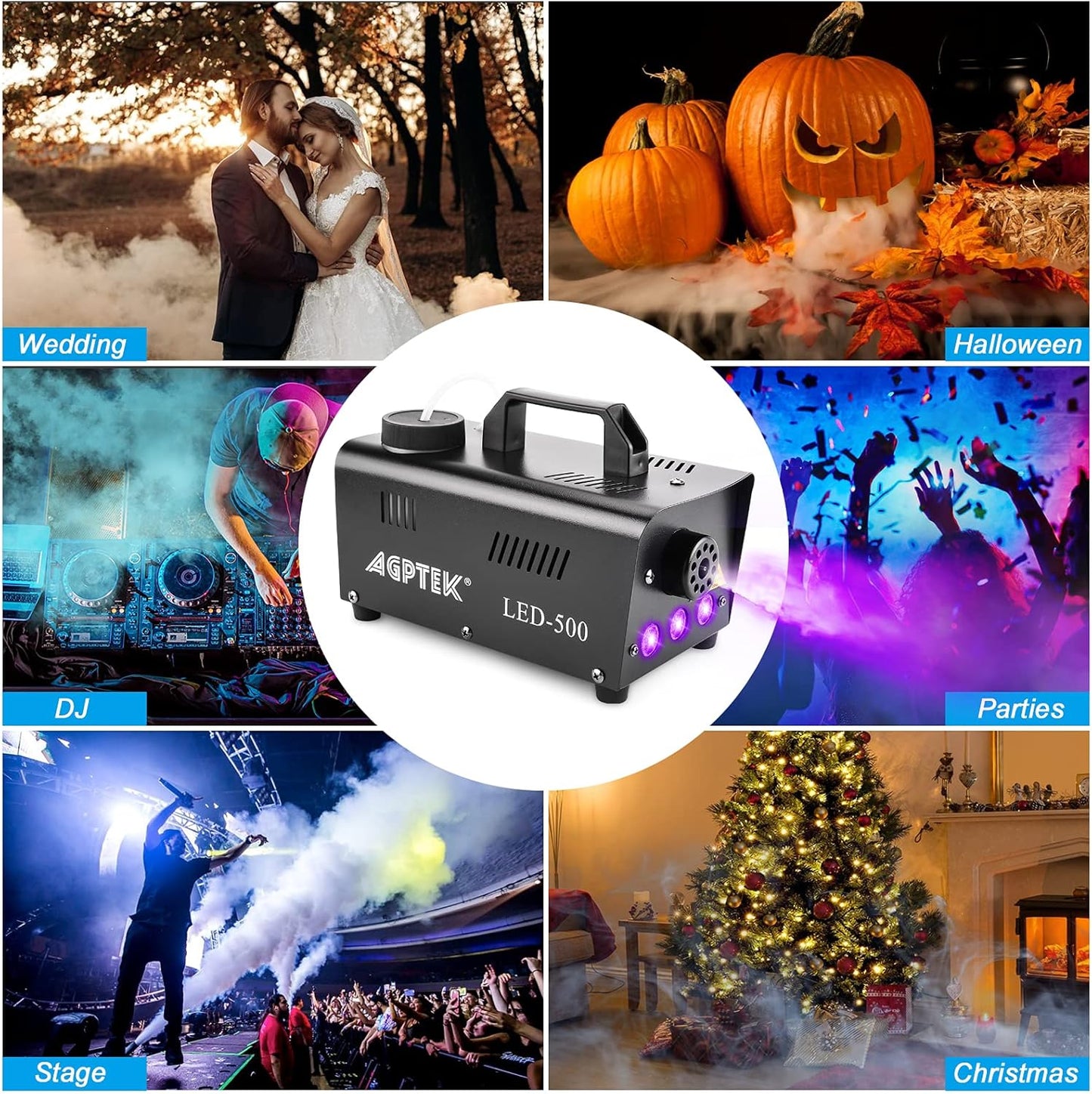 AGPTEK Fog Machine, Automatic Spray Smoke Machine with Colorful LED Light Effect, Wireless and Wired Remotes with Preheating Light Indicator, Perfect for Halloween, Christmas, Wedding & Stage,Black