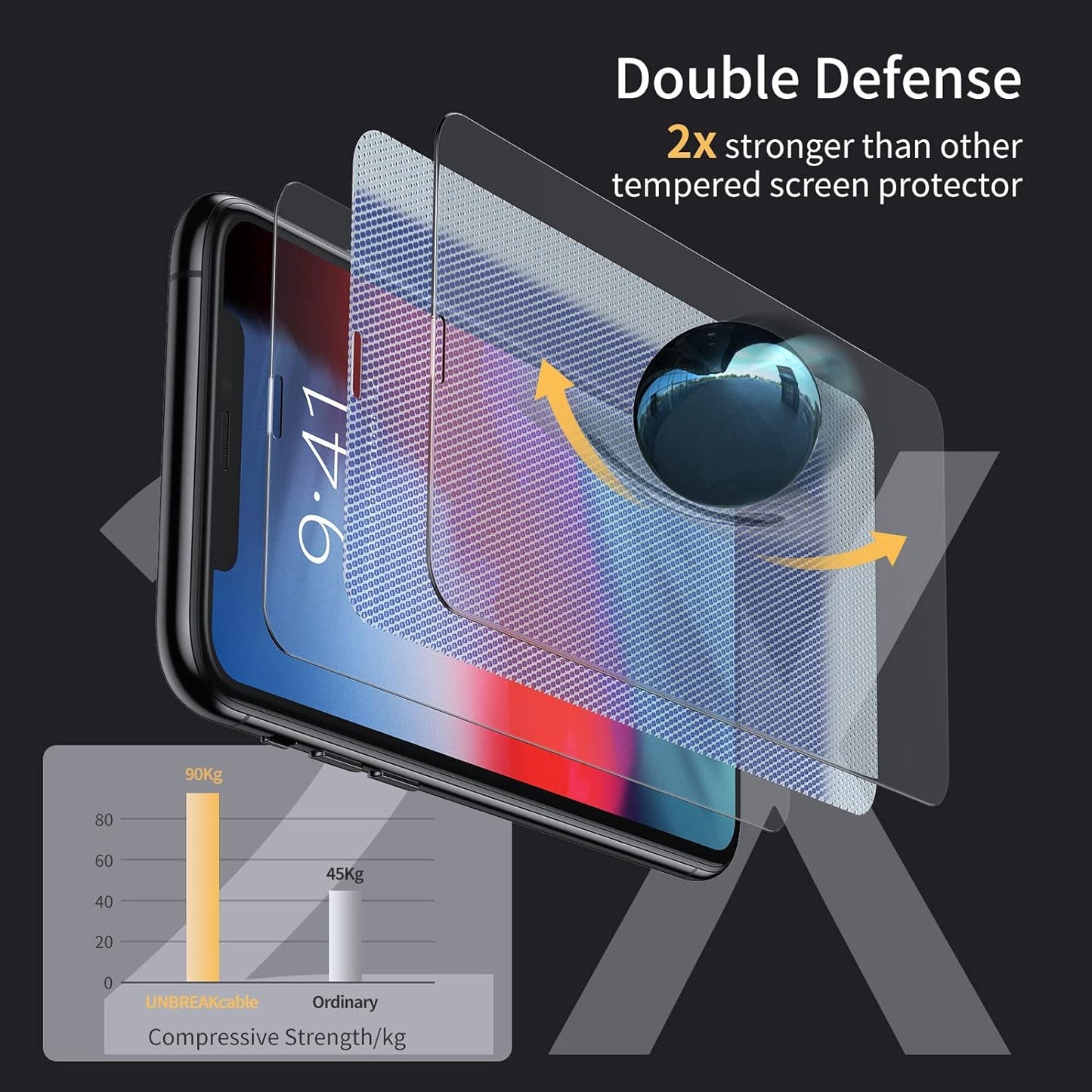 UNBREAKcable 2Pcs Screen Protector for iPhone X/XS/ 11 Pro, Double Defense Series Shatterproof Tempered Glass [Easy Installation Frame] [99.99% HD Clear] [9H Hardness] for iPhone 5.8 inch - 2 Pack