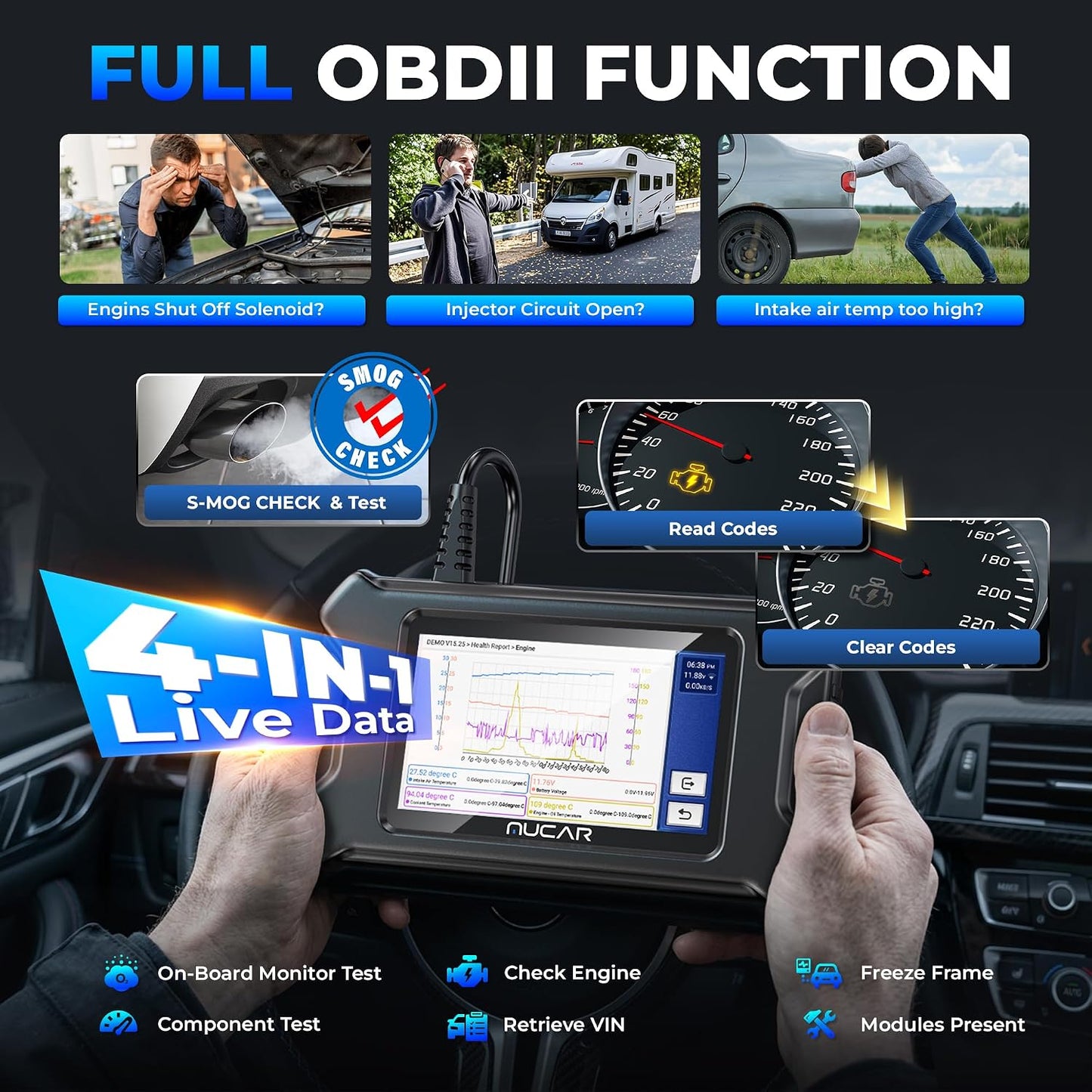 MUCAR CS6 OBD2 Scanner Diagnostic Tool, Engine Transmission BCM Car Scanner, ABS Code Reader, SRS TPMS Scan Tool, 7 Reset Service, Oil/EPB/SAS/TPMS/DPF/Throttle/ABS Bleed, Auto VIN, Free Update