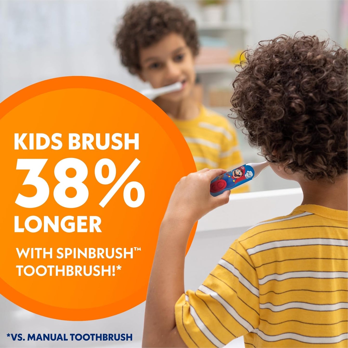 Spinbrush™ Kids Electric Toothbrush, Super Mario™ Battery Powered Electric Toothbrush for Children Ages 3+ with 1 AA Battery, Soft Head Bristles, Leakproof SoftSwitch, Ready-to-Use