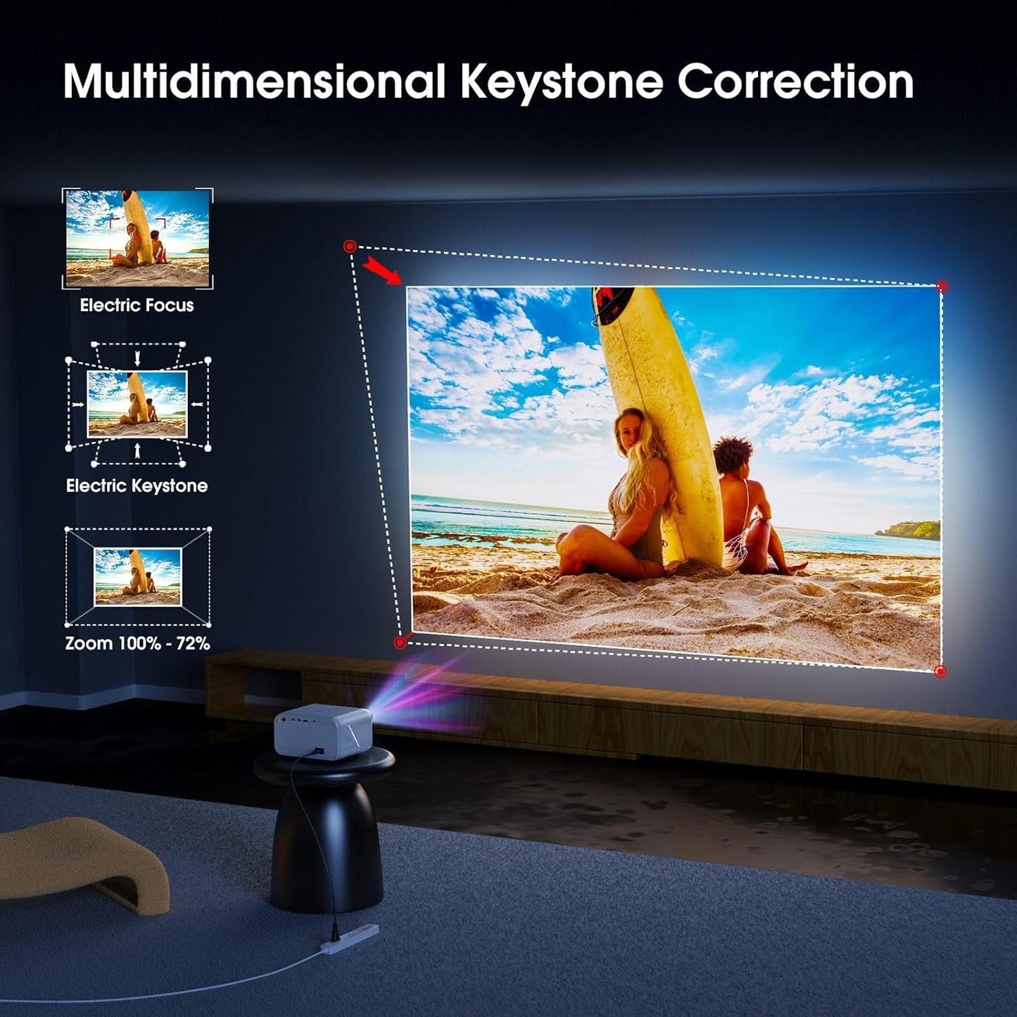 CY900 Smart Projector, Full HD 1080P, 4K Supported, Android 9, Electronic Focus, Auto Keystone, 300 ANSI Lumens, Dual WiFi, HDR Audio, Bluetooth, 58W Speaker, HDMI, USB, AV Port (White)