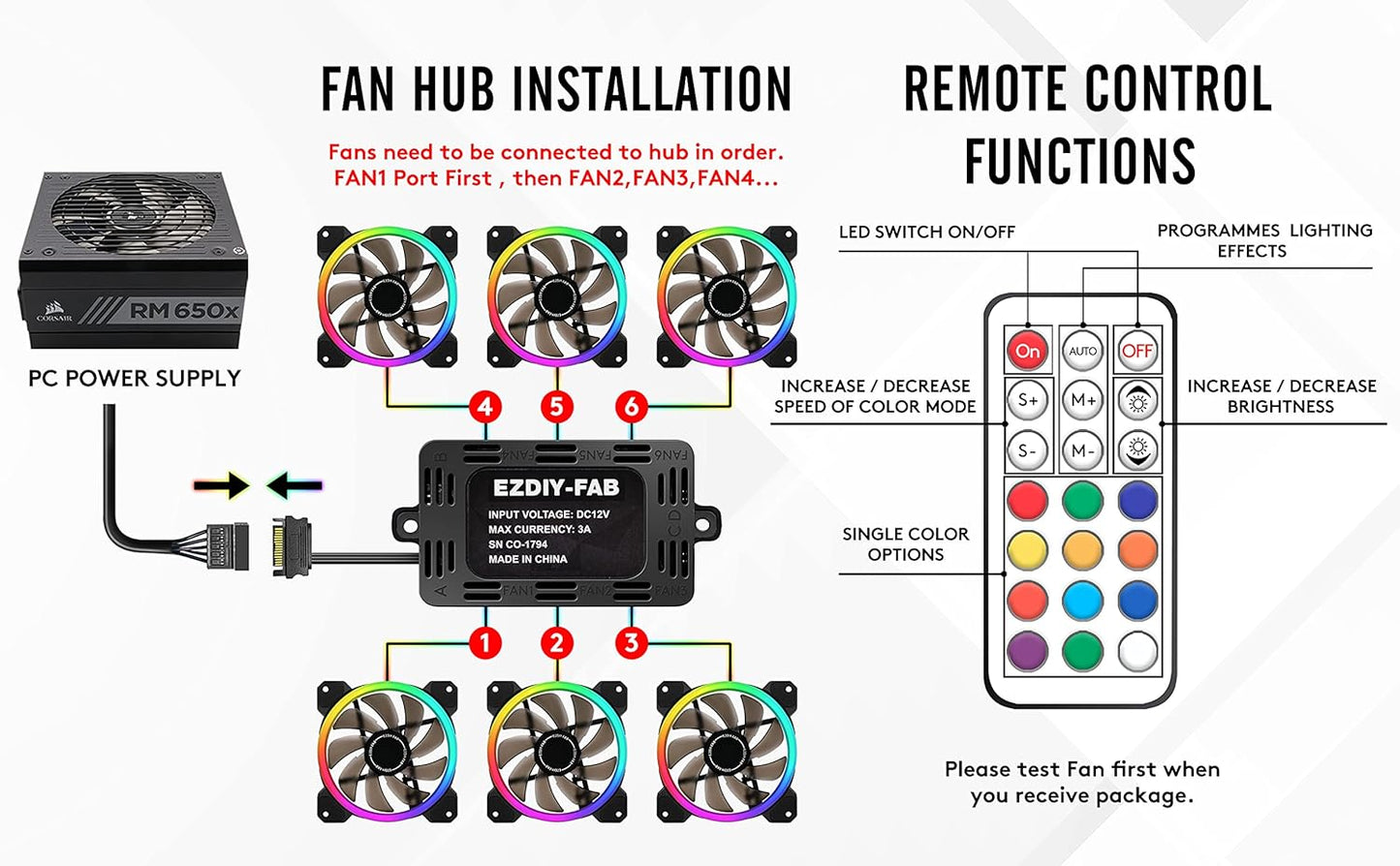 EZDIY-FAB Dual Ring 120mm RGB Case Fan 5-Pack,Quiet Edition High Airflow Adjustable Color LED Case Fan for PC Cases, CPU Coolers with Remote Controller