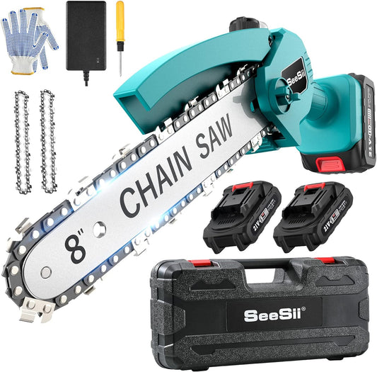 SeeSii 8 Inch ChainSaw , Cordless Chainsaw with 2x 2.0 Battery Auto-oil System One-Handed Electric Chain Saw Electric Pruning Chainsaw for Wood Cutting Garden Logging Trimming Branch