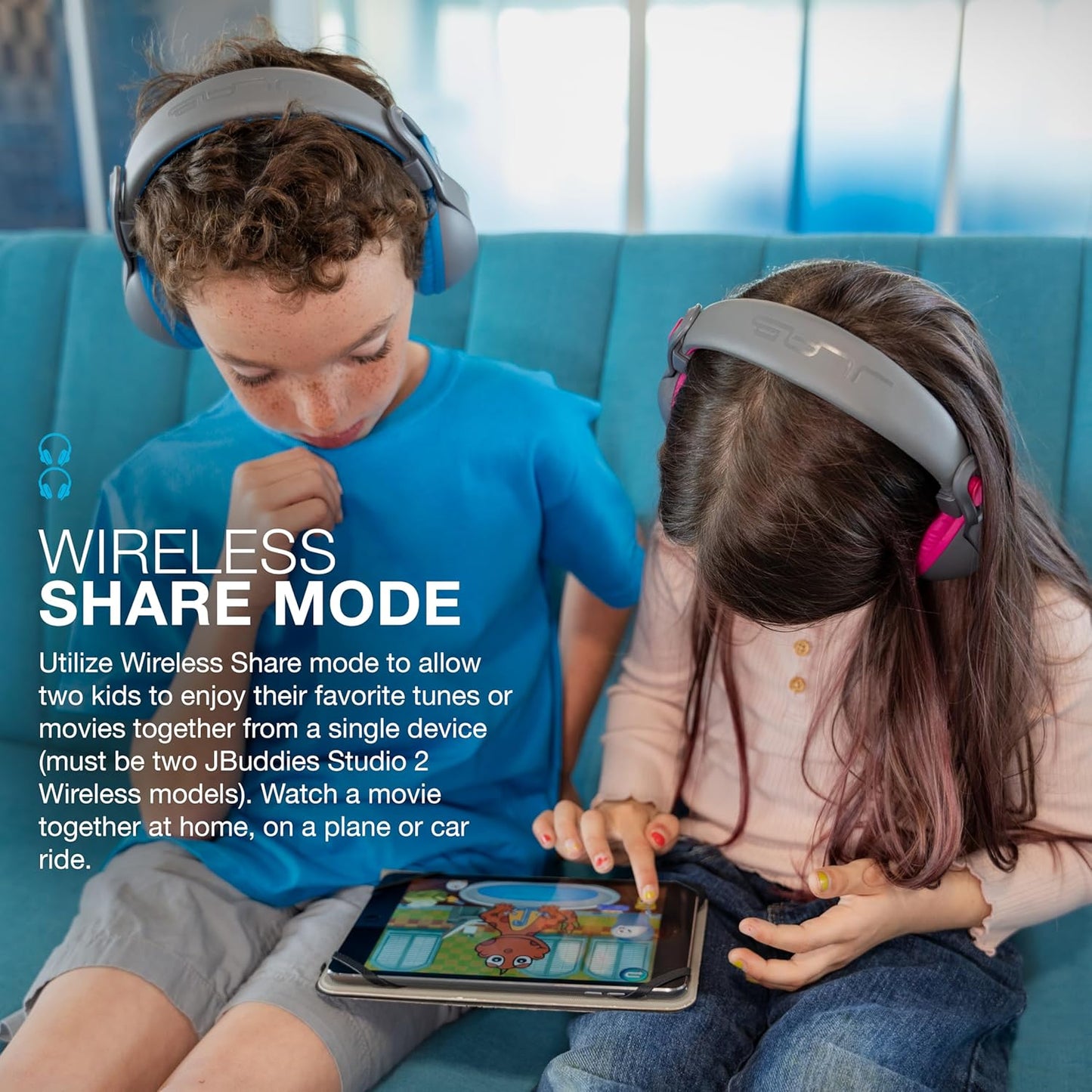 JLab JBuddies Studio 2 Wireless +Wired On-Ear Kids Headphones, Grey/Blue, 65+ Hour Battery Life, Share Mode, Volume Safe, Volume Limiter, Folding, Adjustable, Noise Isolation, with Mic