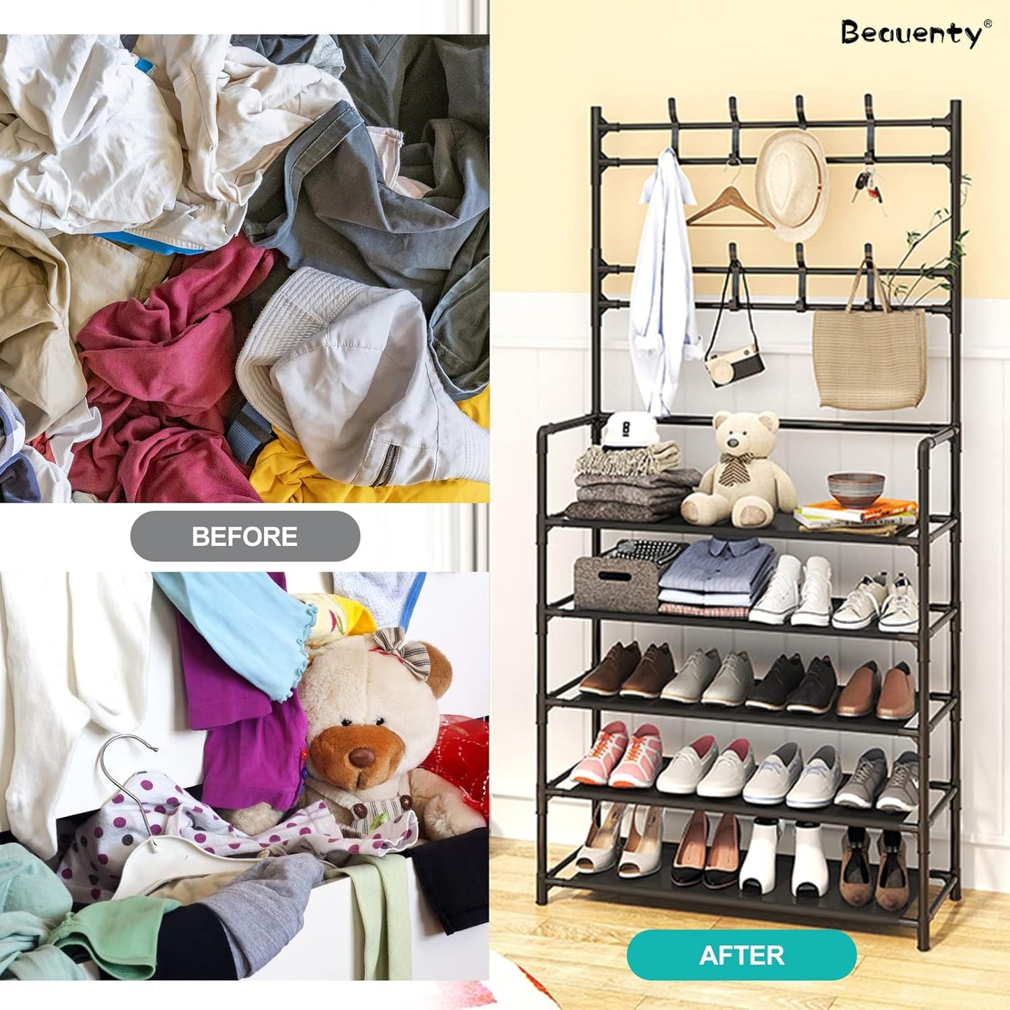 Multifunctional Shoe and Hat Rack - Hall Tree,Freestanding Shoe Rack, Coat Hat Umbrella Rack,Storage Shelves,Entryway Coat Rack,Organizer Closet for Bedroom,Cloakroom (5 Tier, Black)